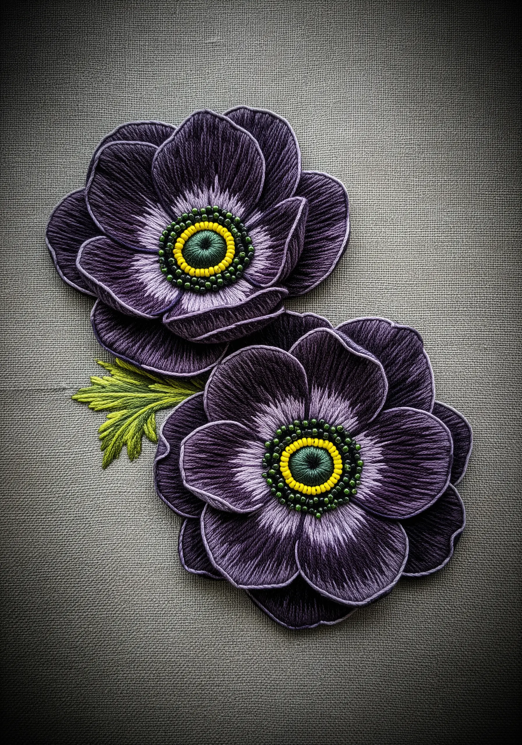 Two dark purple 3D anemone flowers with beaded centers, created with stumpwork techniques.