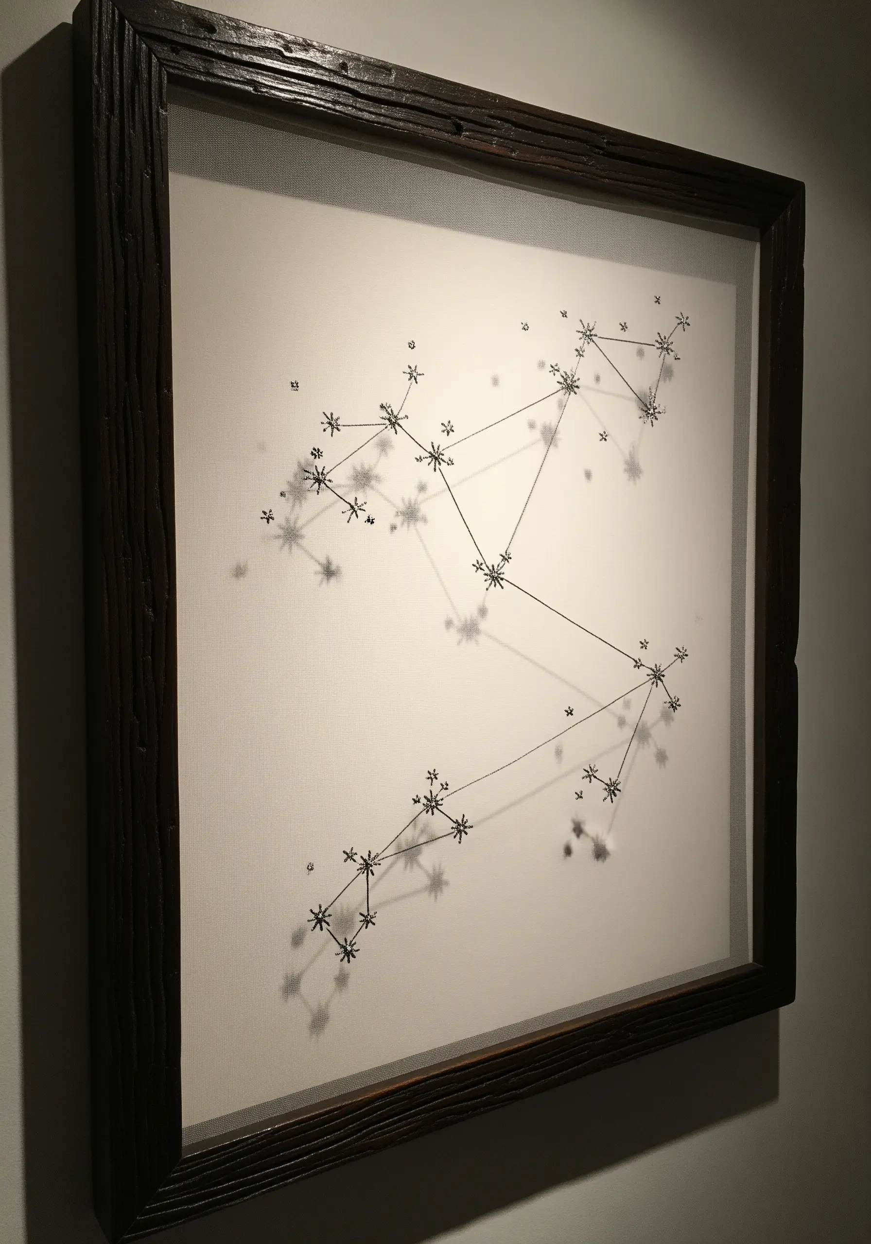 Framed embroidery of a constellation, mounted in a shadow box to create depth and shadows.