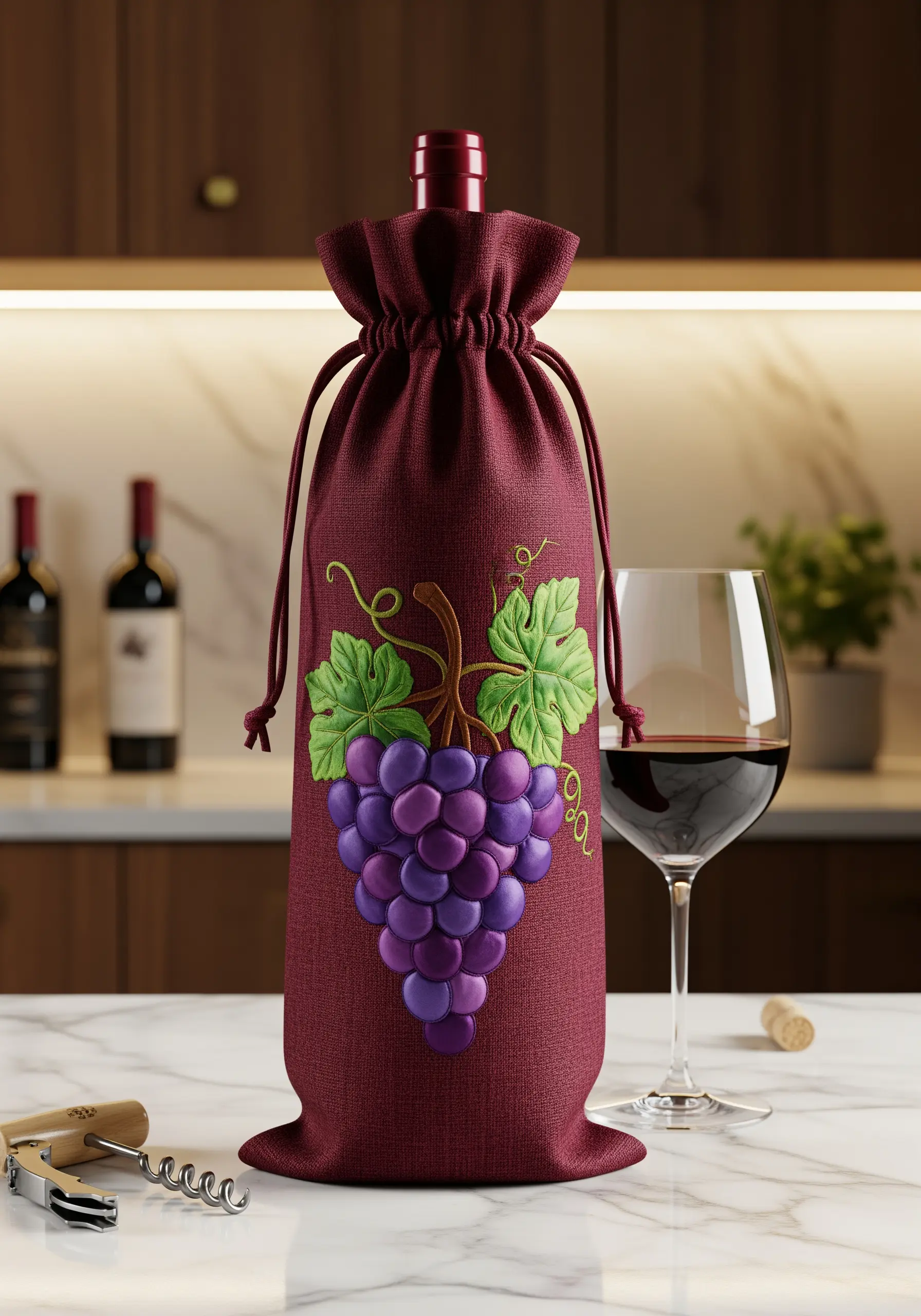 A burgundy wine bag with a large, dimensional bunch of purple grapes embroidered on it.