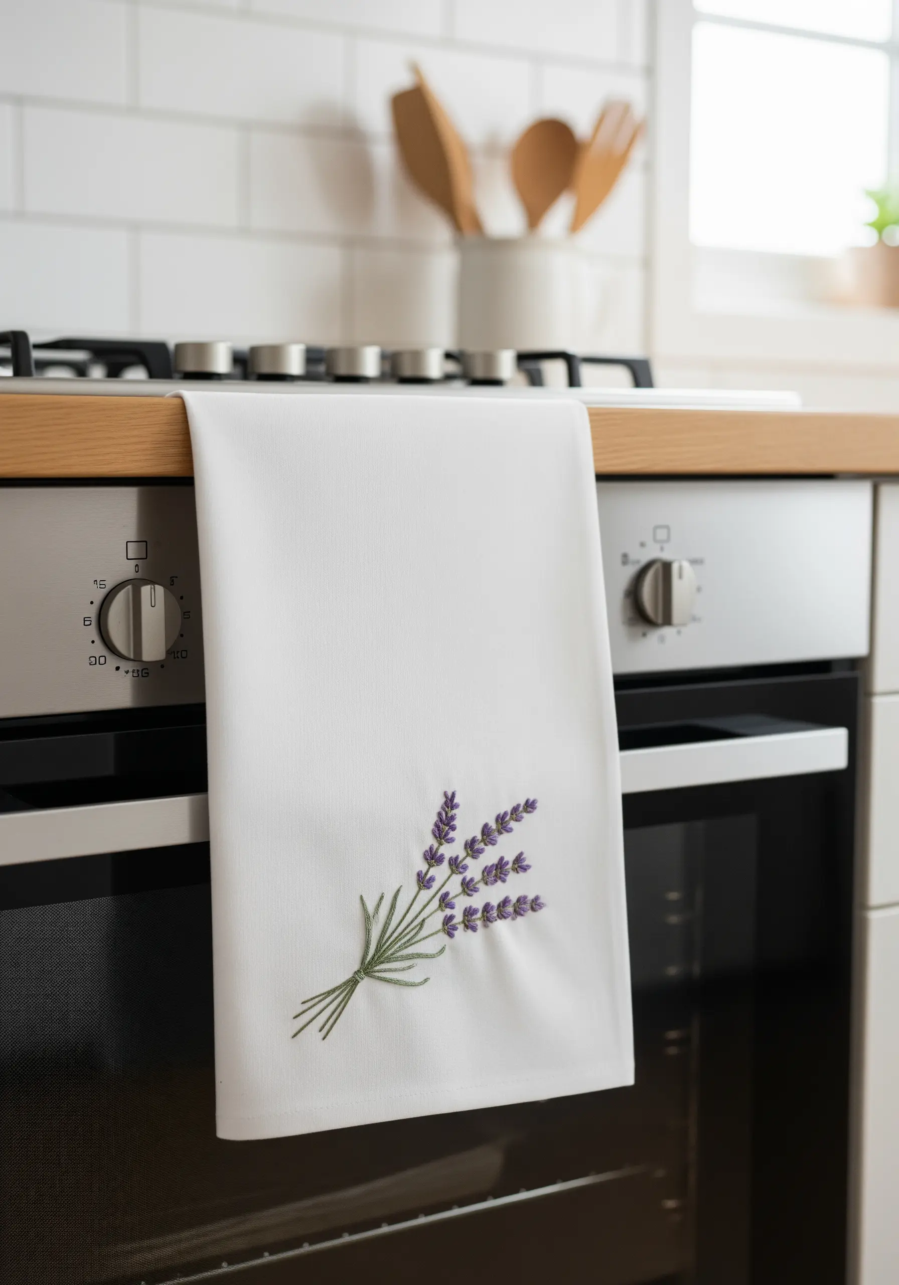 Embroidered lavender sprig with French knots on a white kitchen tea towel.