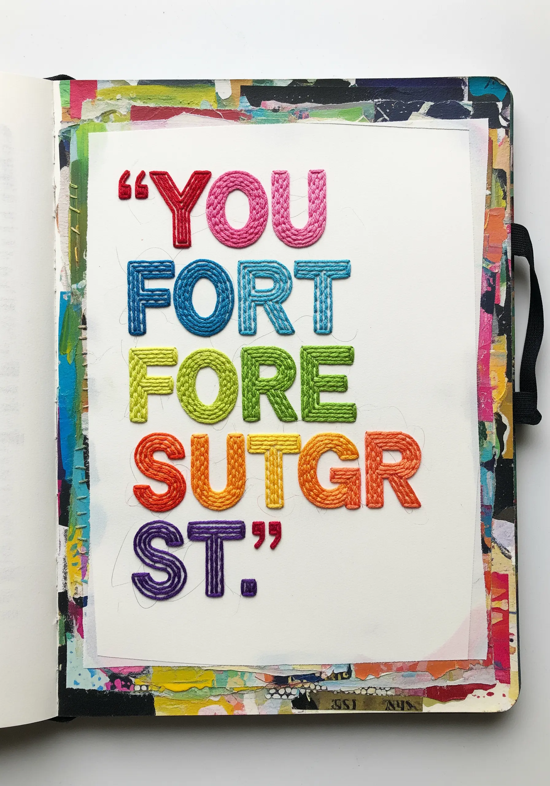 Brightly colored, dimensional embroidered letters stitched in a mixed-media art journal.