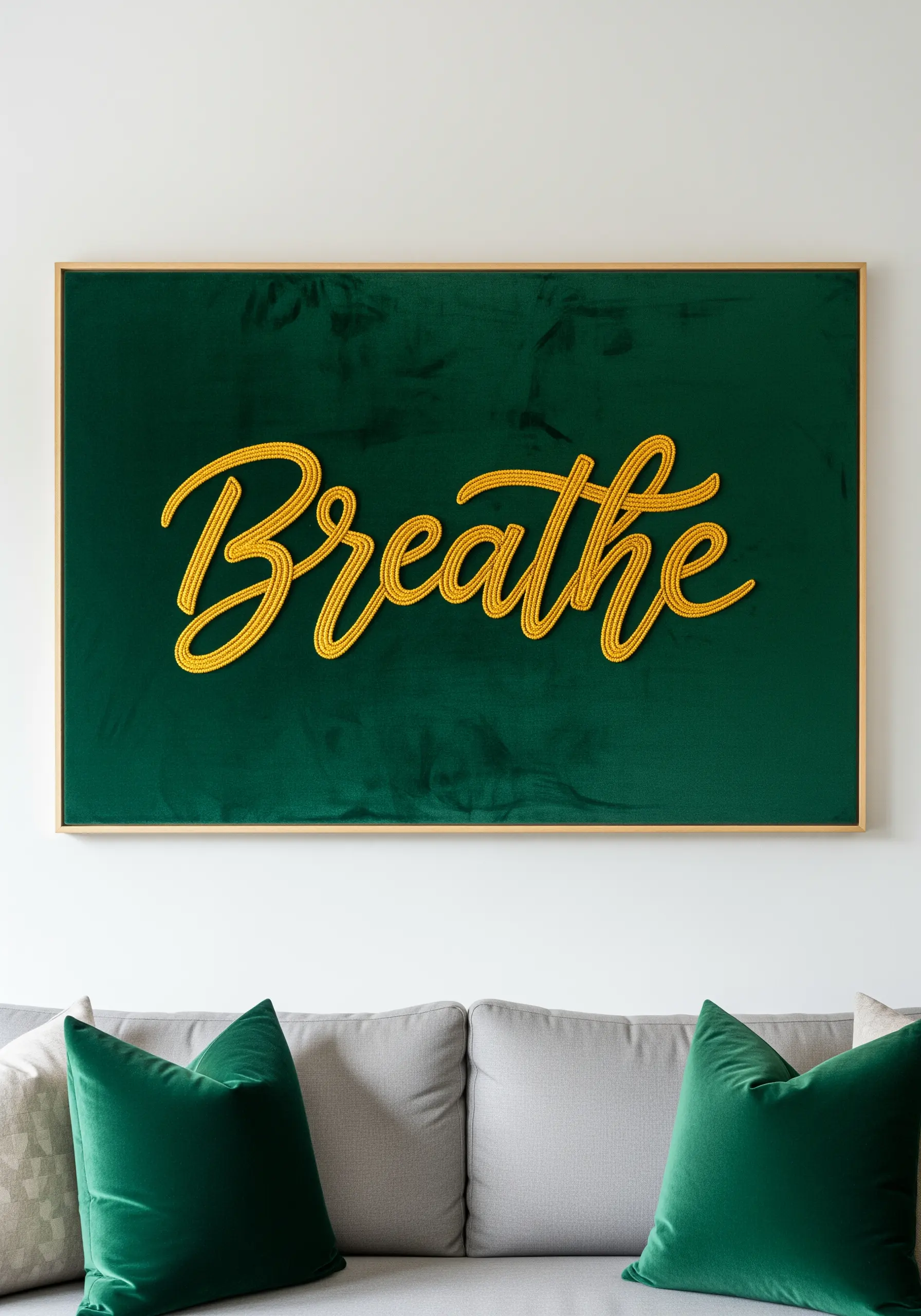 The word 'Breathe' embroidered in 3D gold script on a dark green velvet background.