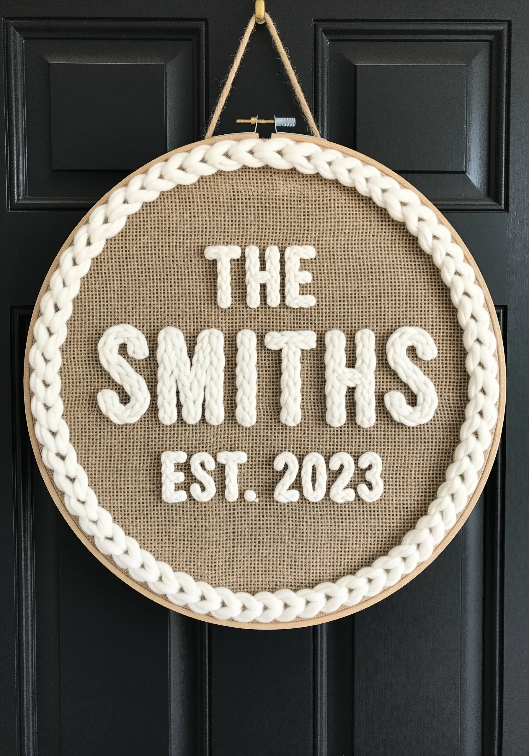 Chunky white yarn couched onto burlap fabric to spell out a family name.