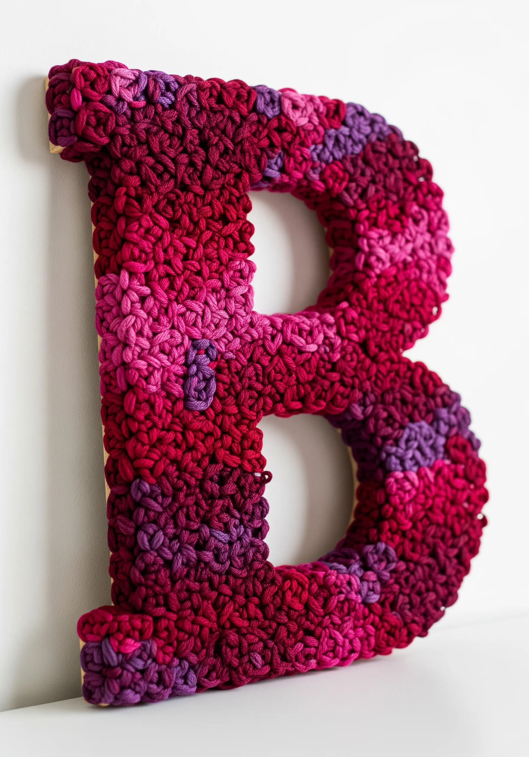 A large 3D letter 'B' completely covered in textured French knots of pink and purple yarn.