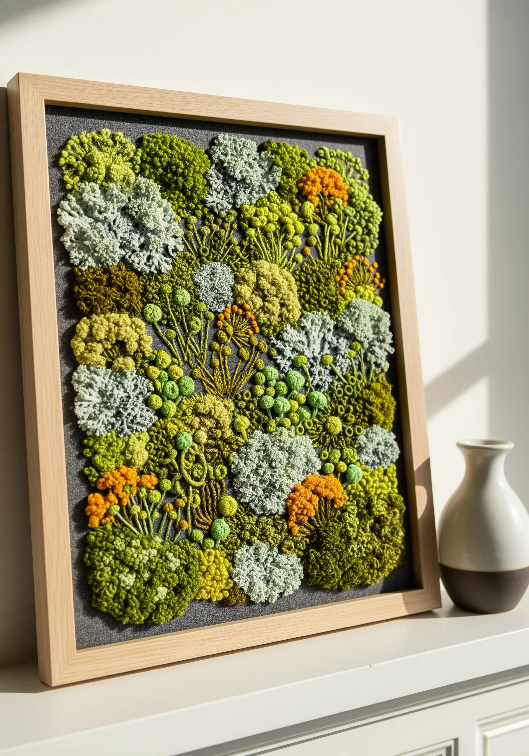 Framed embroidery art filled with dense green and yellow French knots resembling a mossy surface.