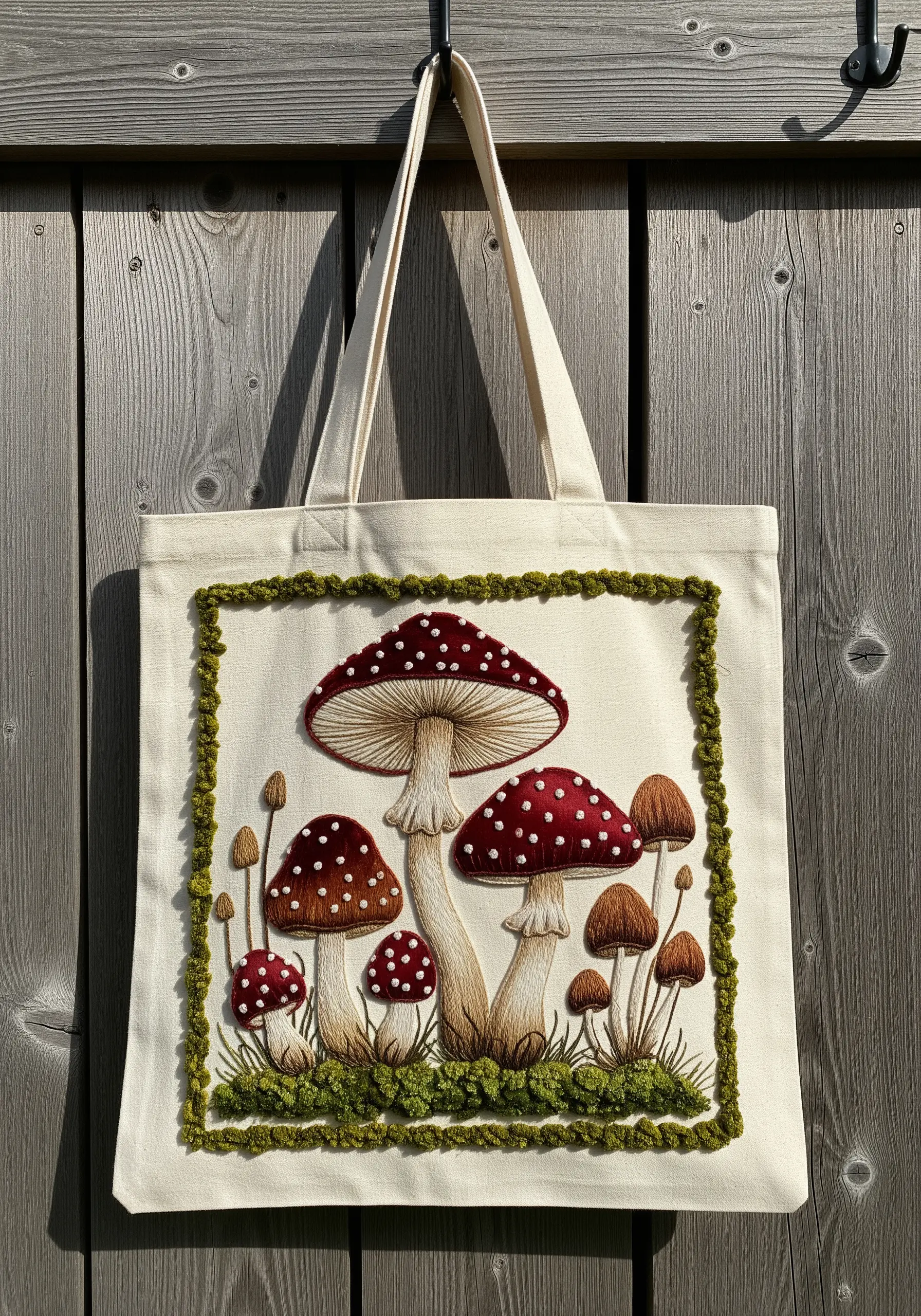 Embroidered red and brown mushrooms on a canvas tote bag.