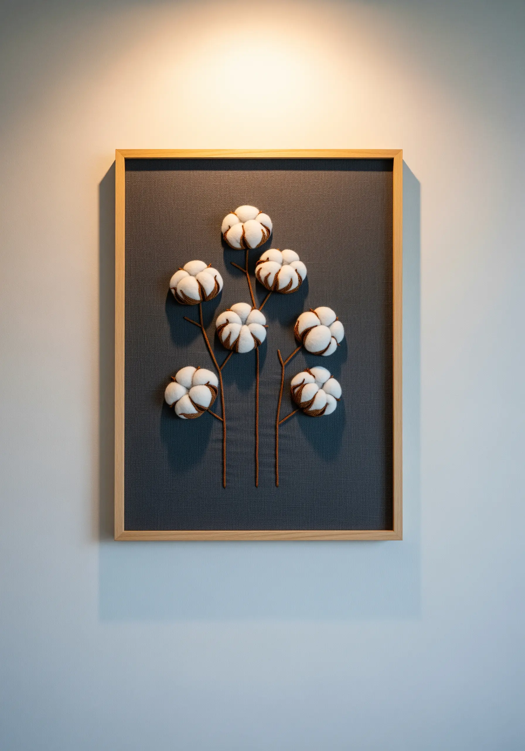 A framed piece of art showing 3D cotton bolls made from padded embroidery on dark fabric.