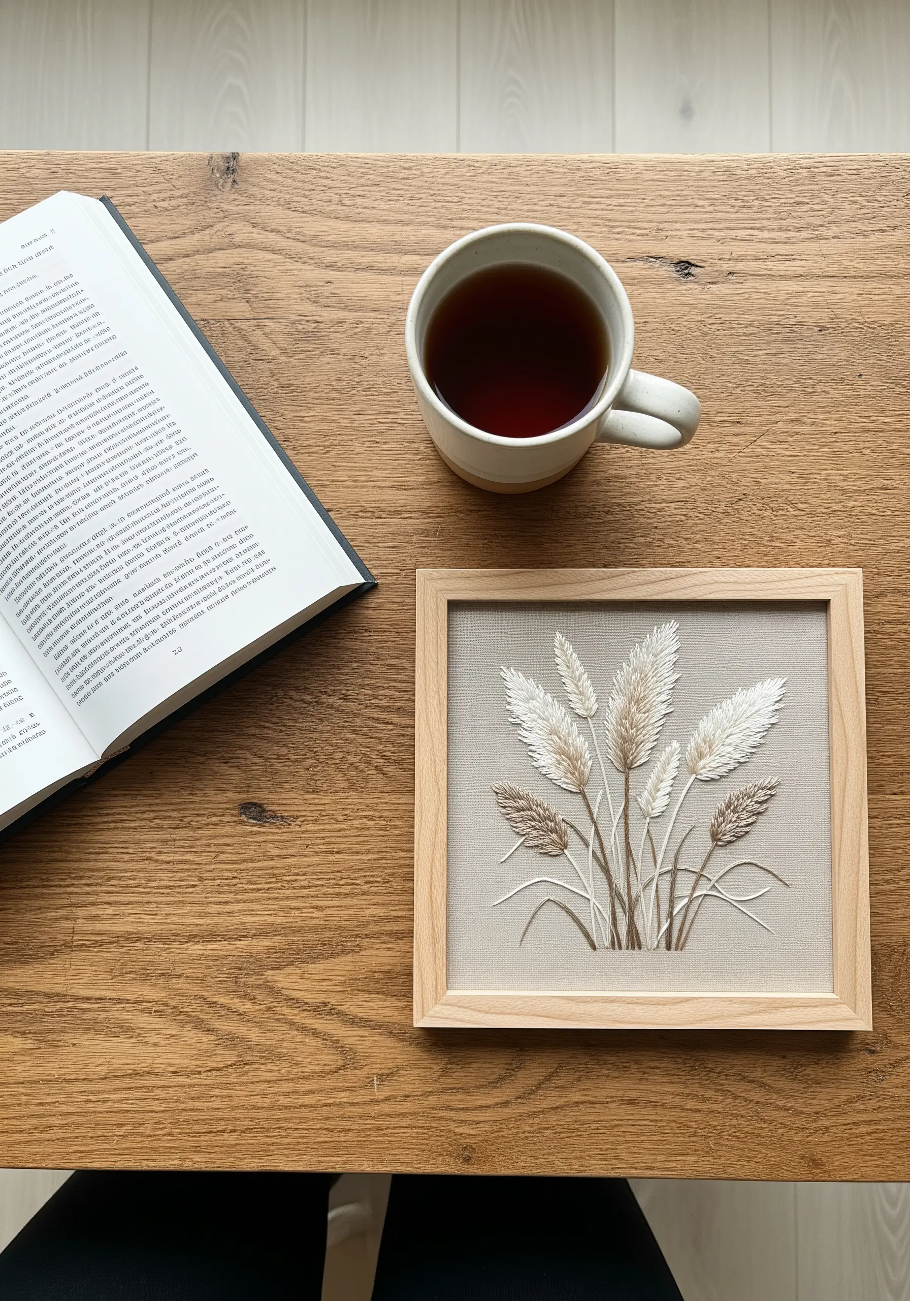 Framed embroidery of pampas grass with fluffy, three-dimensional stitch work.