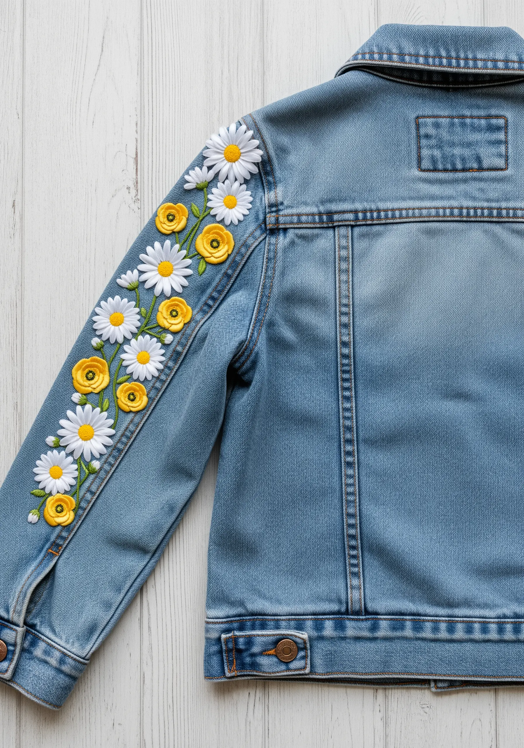 3D embroidered daisies and yellow buttercups climbing up a child's denim jacket sleeve.