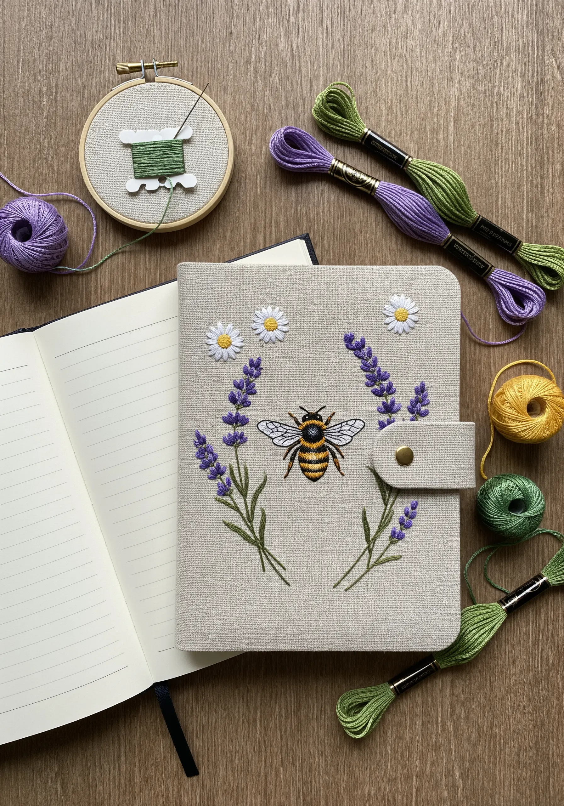 A linen journal cover embroidered with lavender, daisies, and a central bumblebee