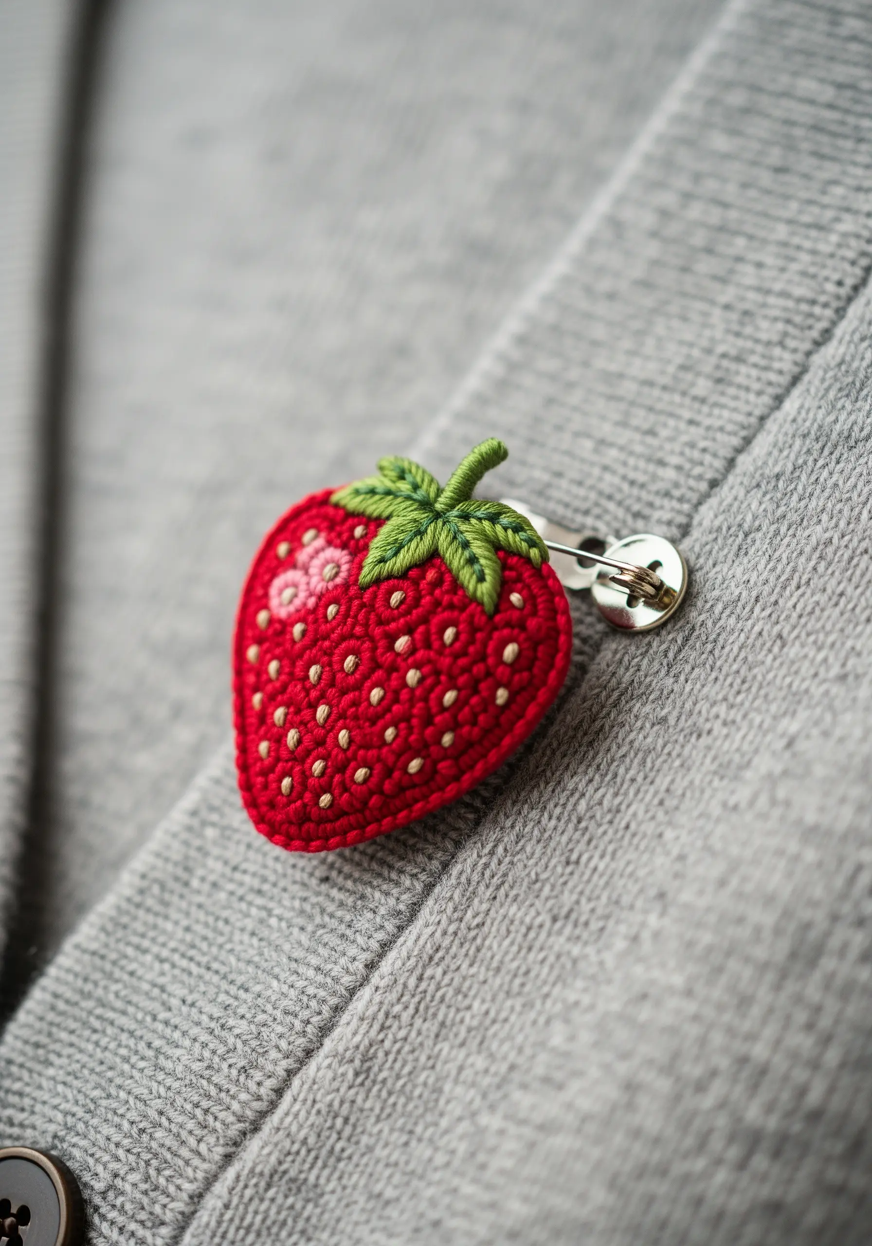 A hand-embroidered strawberry brooch with satin stitch and seed stitch details.