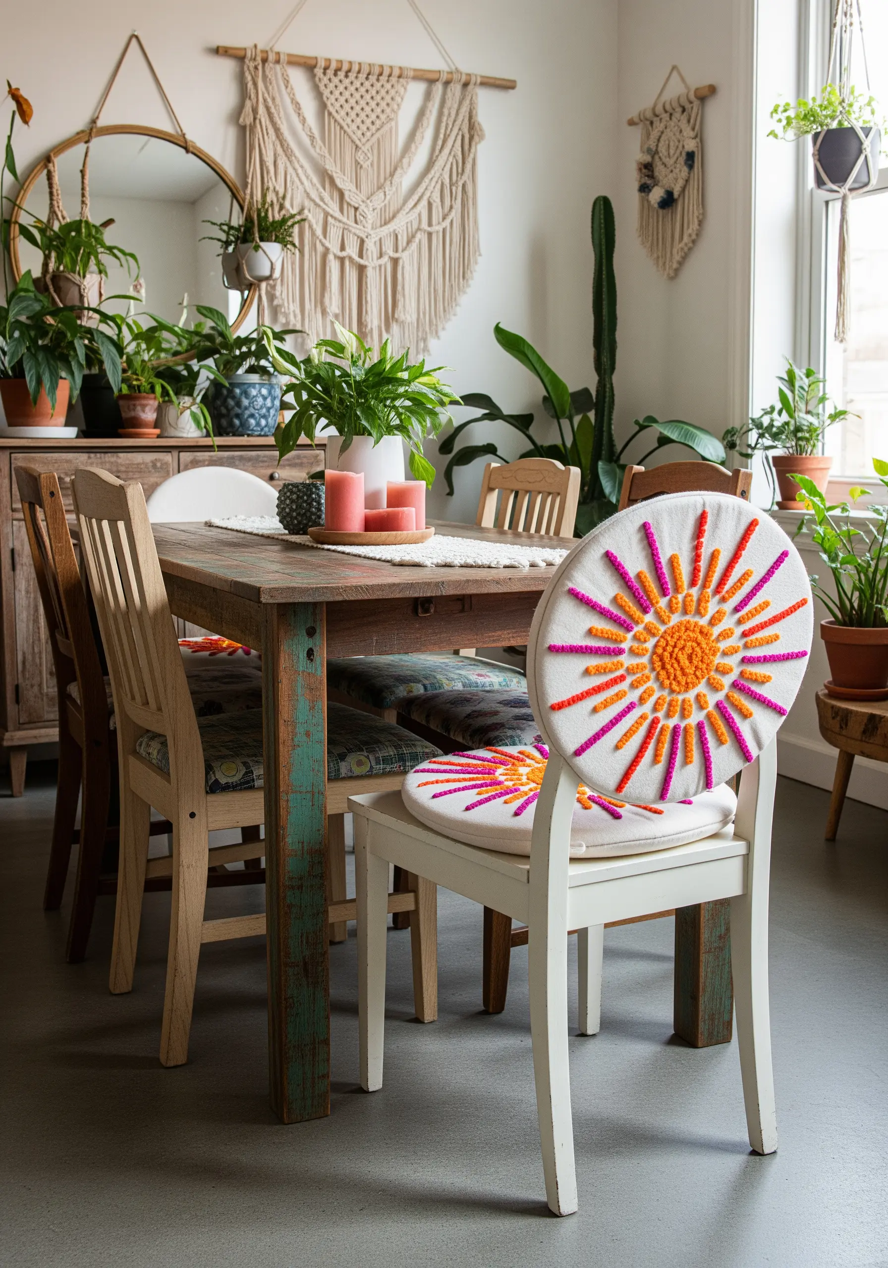 Bright orange, yellow, and pink sunburst design made with punch needle on a chair pad.