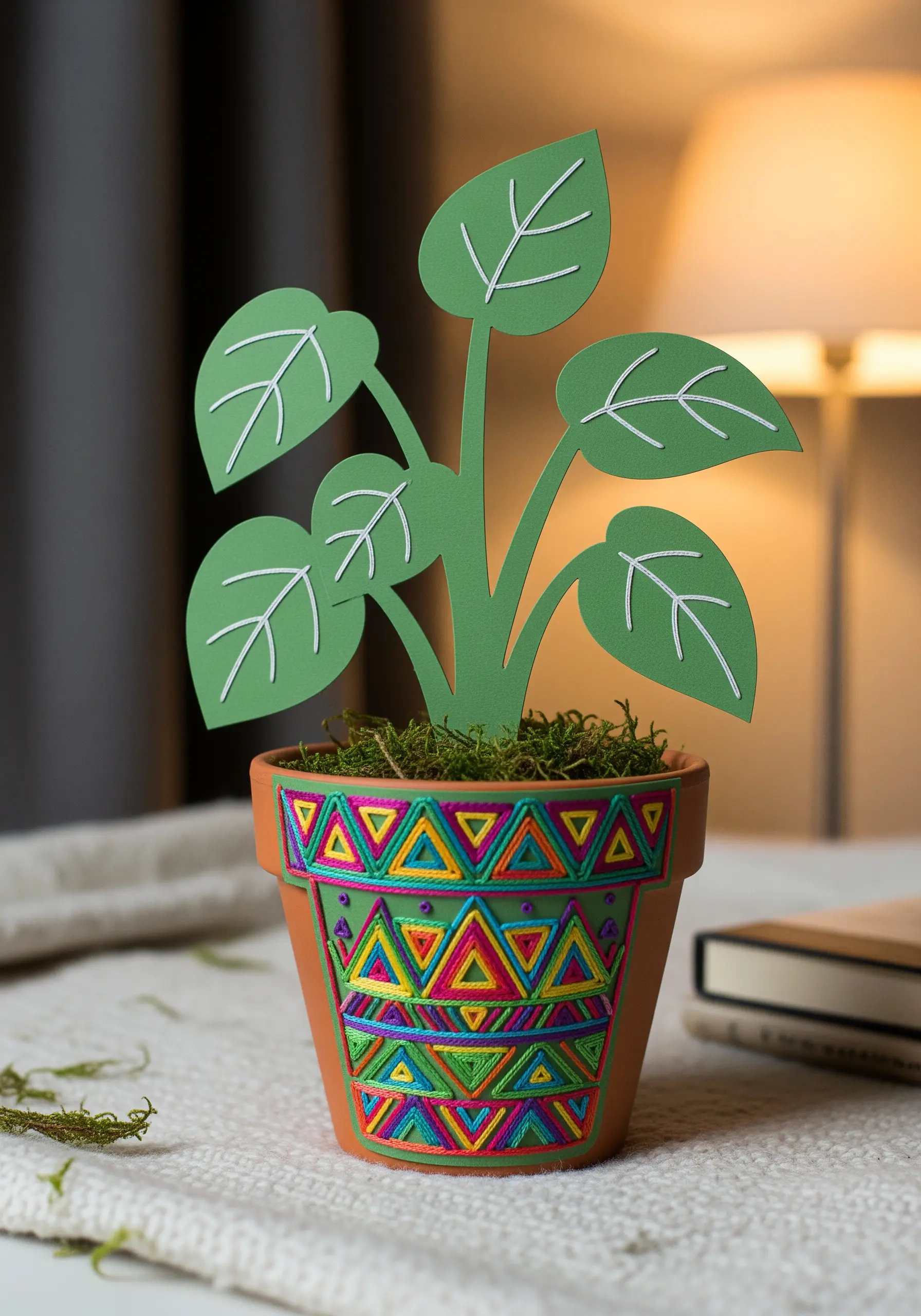 A terracotta pot decorated with a colorful geometric pattern made by wrapping thread through drilled holes.