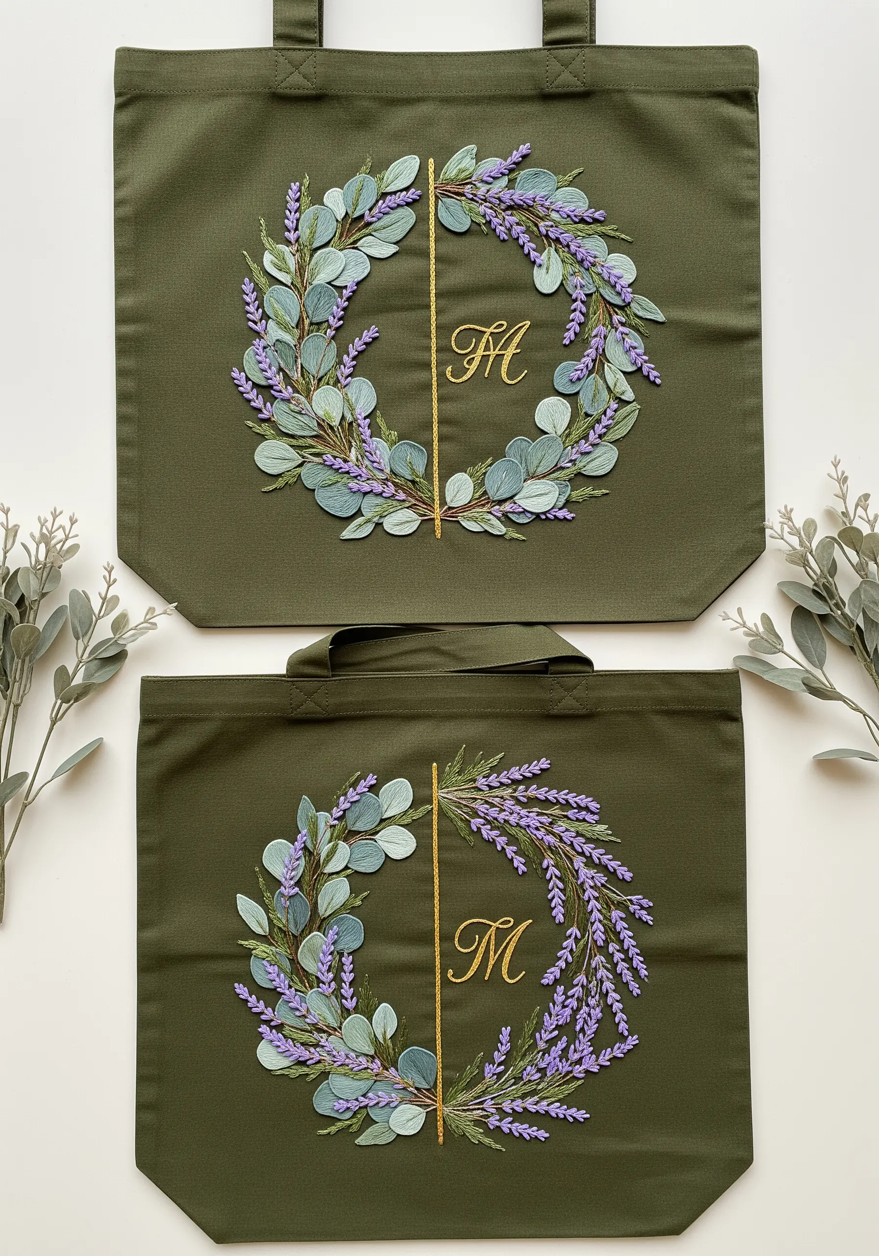 Matching olive green tote bags with embroidered botanical wreaths and monograms.