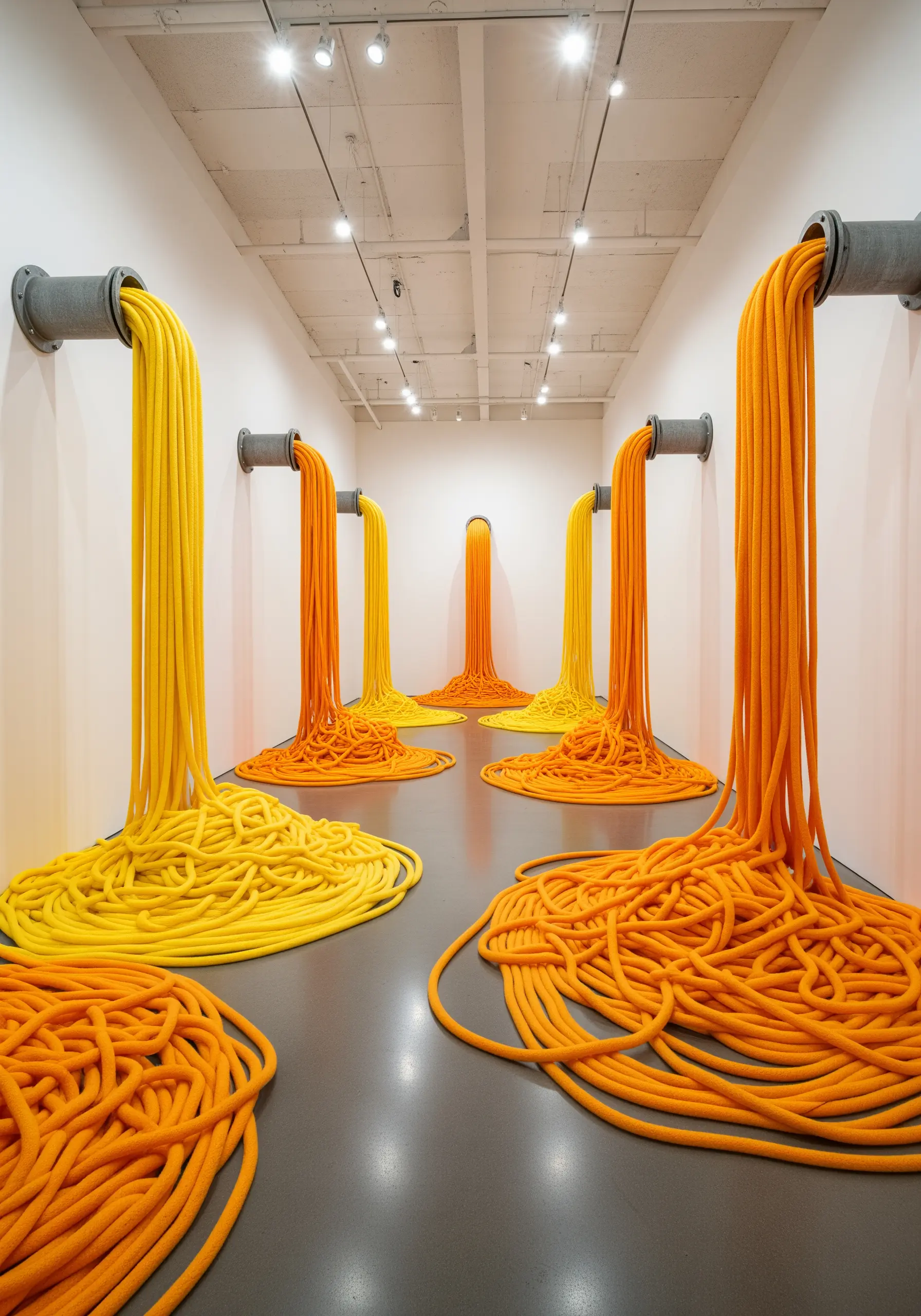 Thick orange and yellow ropes pouring from pipes on a wall and pooling on the floor.