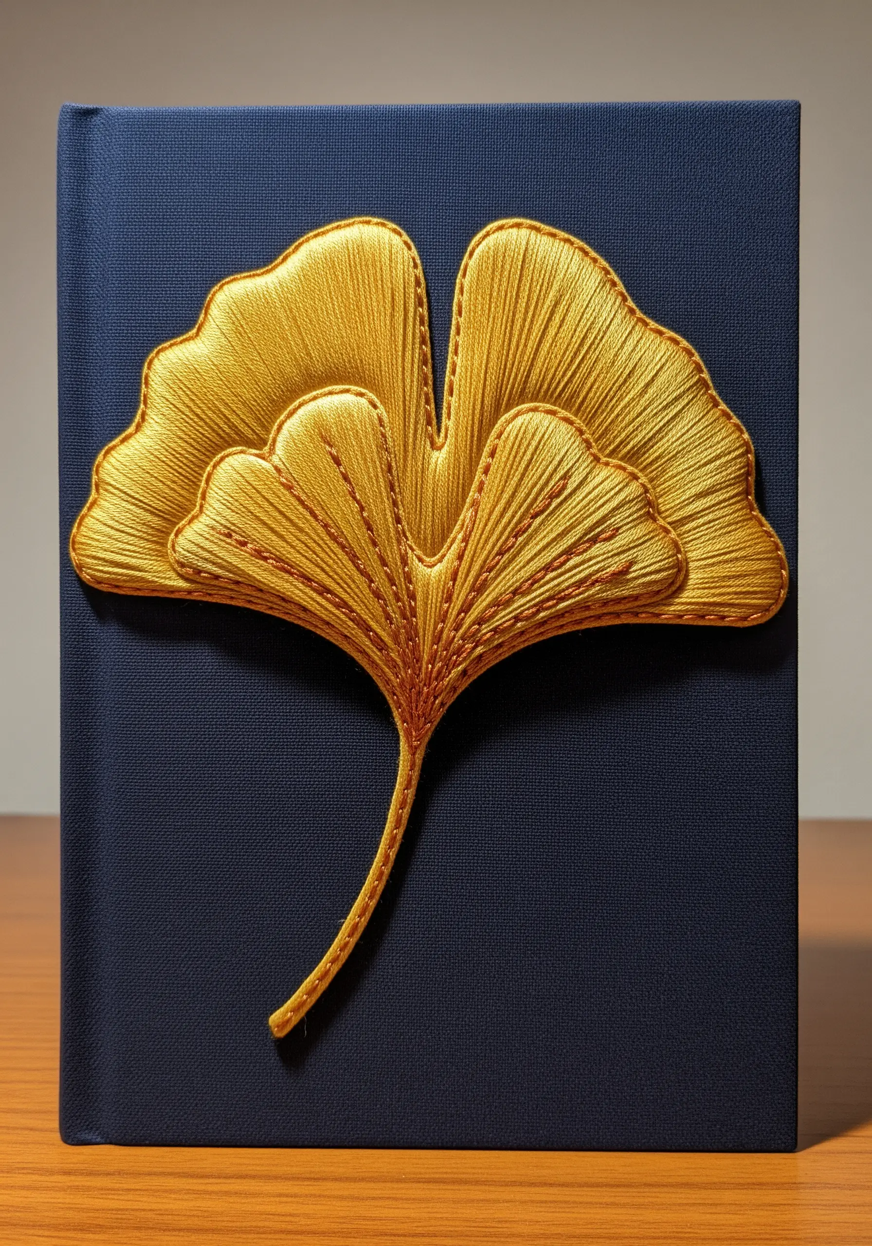 A golden satin-stitched ginkgo leaf with layered lobes on a dark blue book cover.