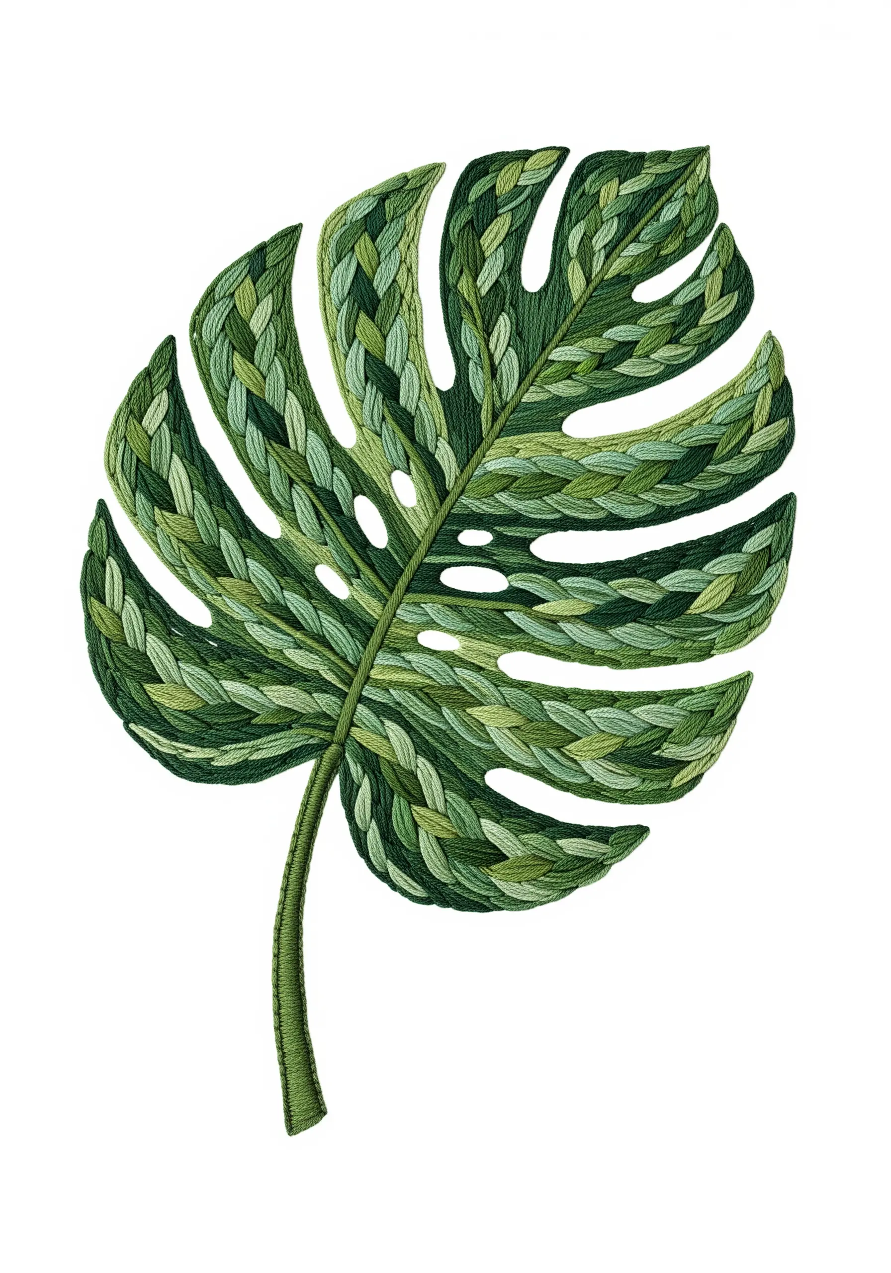 A detailed monstera leaf with sections of directional satin stitch in various shades of green.