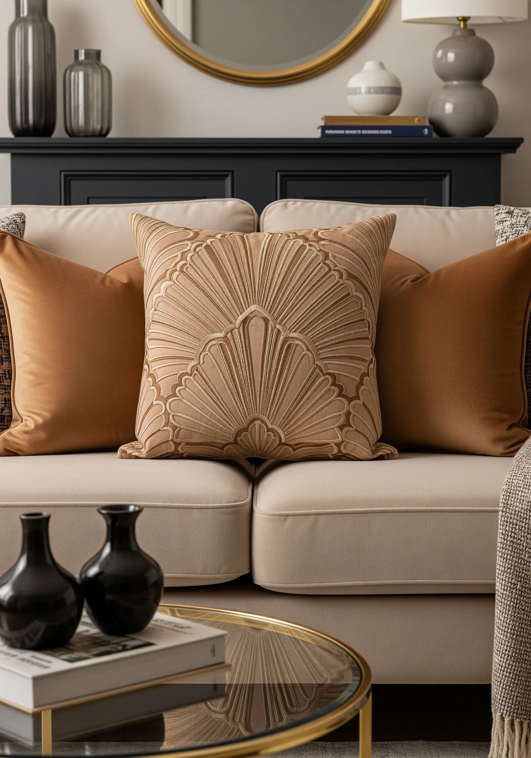 An art deco fan motif embroidered on a beige cushion using directional satin stitches.