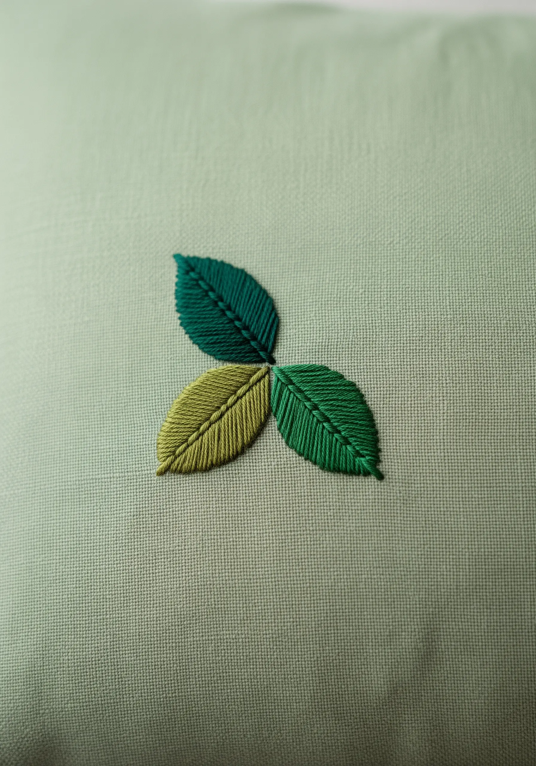 Three embroidered leaves in shades of green, with satin stitches angled to create veins.
