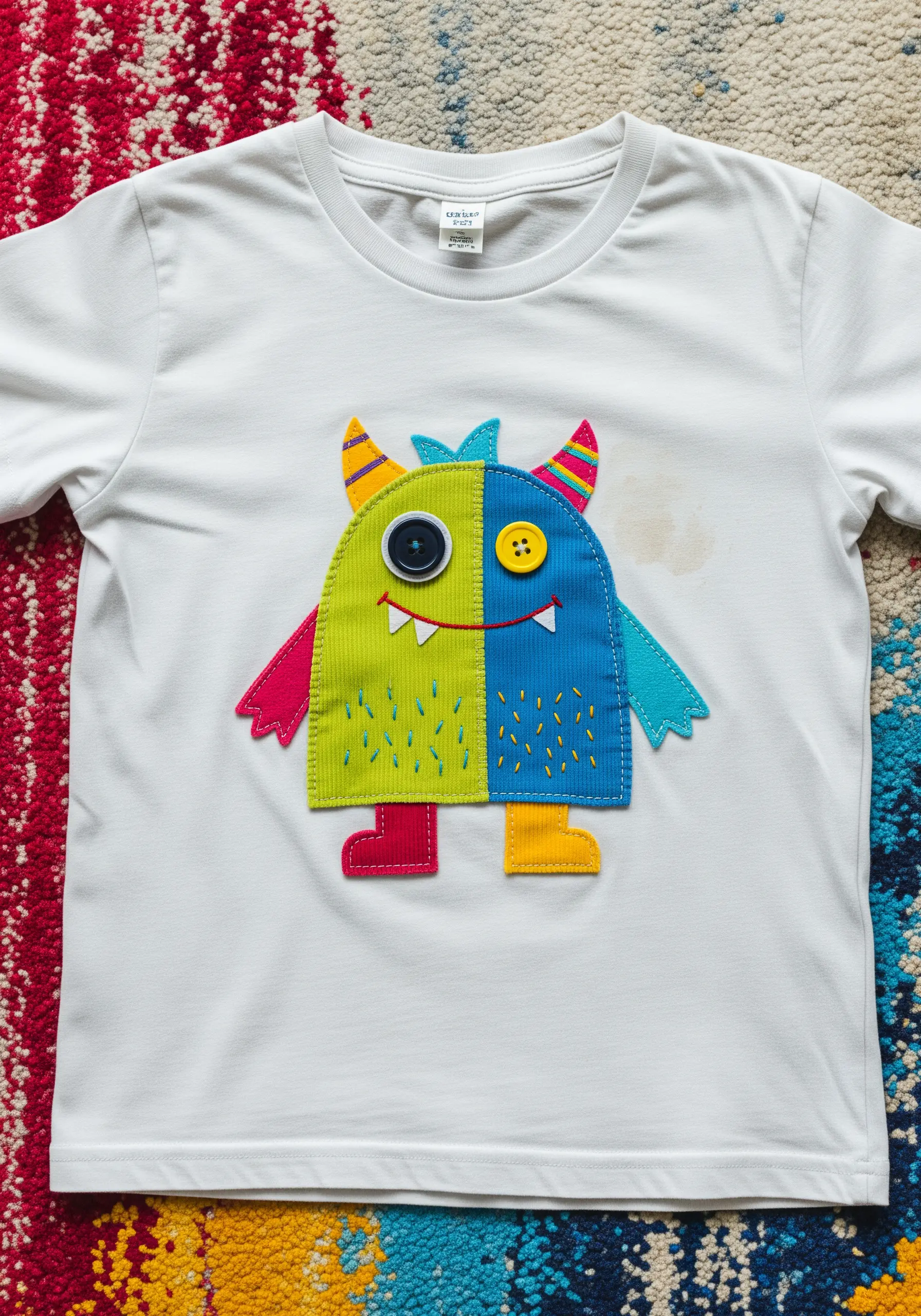 A white t-shirt with a colorful monster appliqué made from fabric scraps to cover a stain.