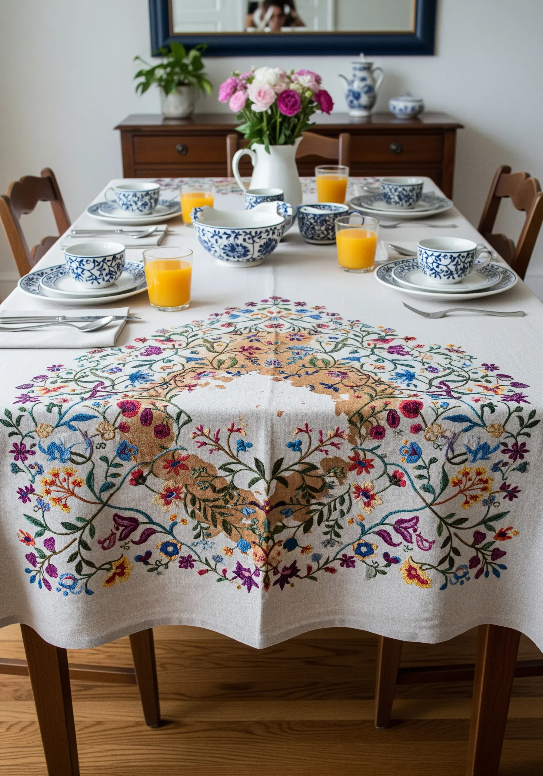 A white tablecloth with a large, colorful floral embroidery design covering a central stain.