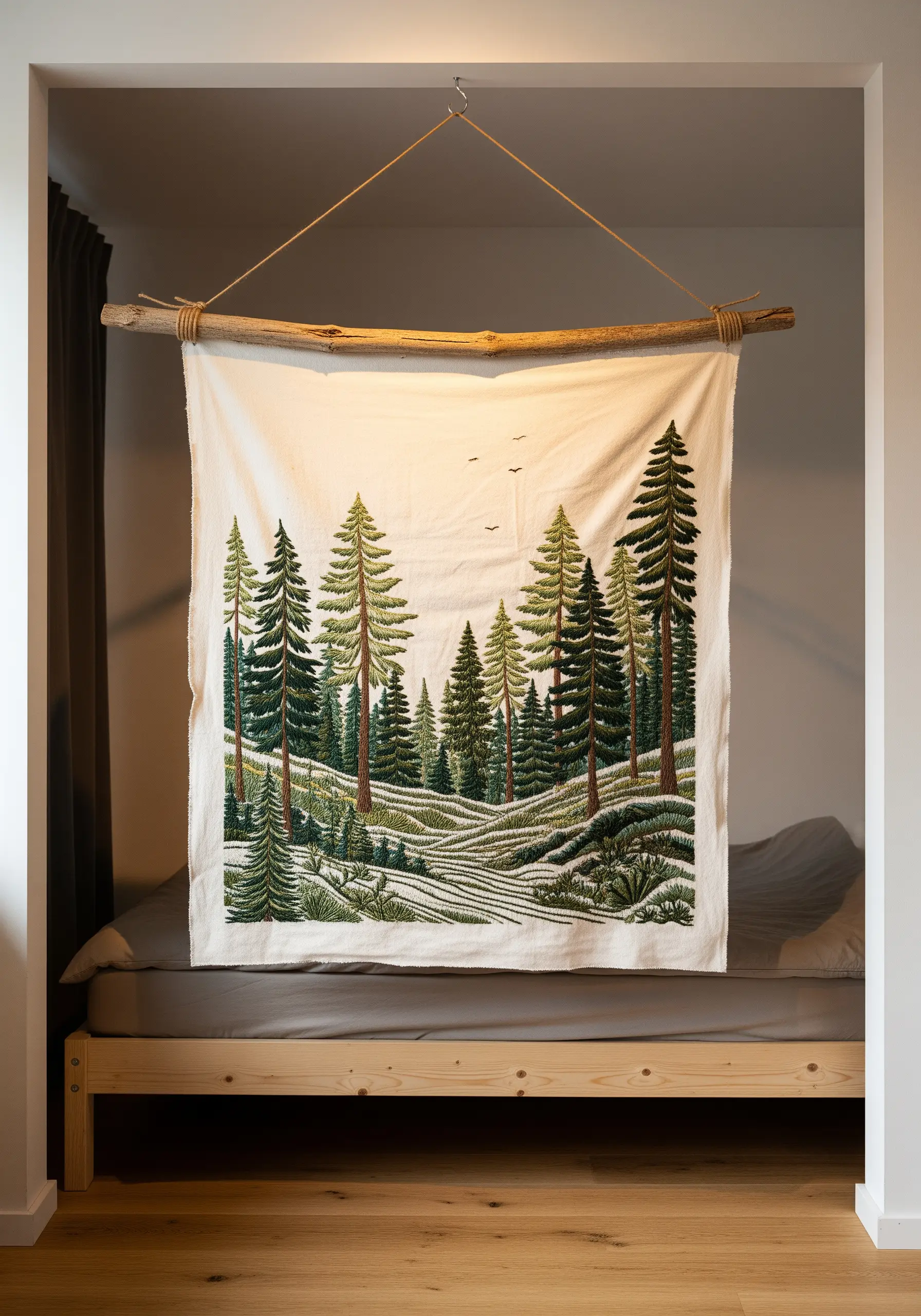 An embroidered forest tapestry hanging from a natural wooden branch above a bed.