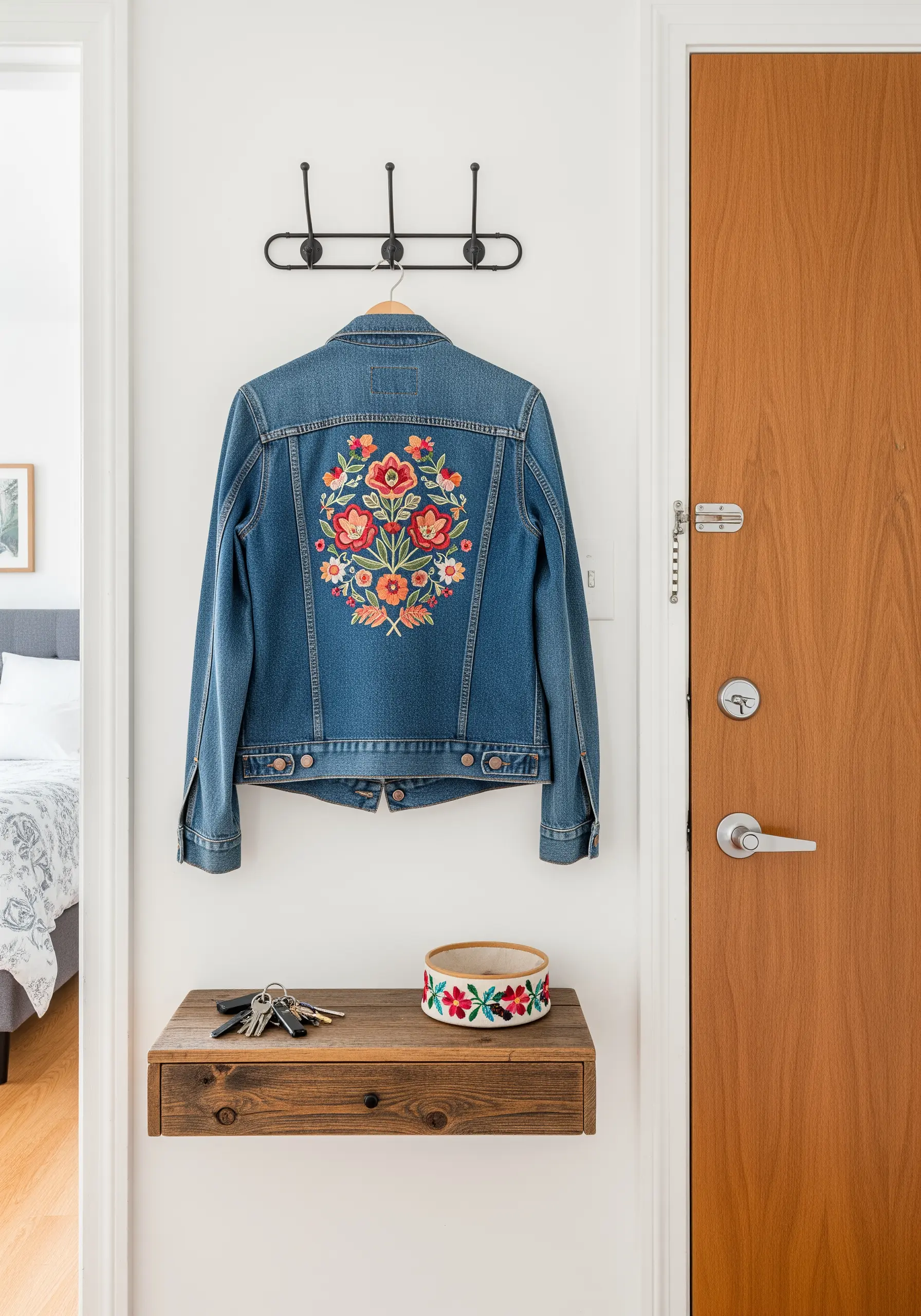A denim jacket with a large, colorful floral embroidery design on the back, hanging on a hook.