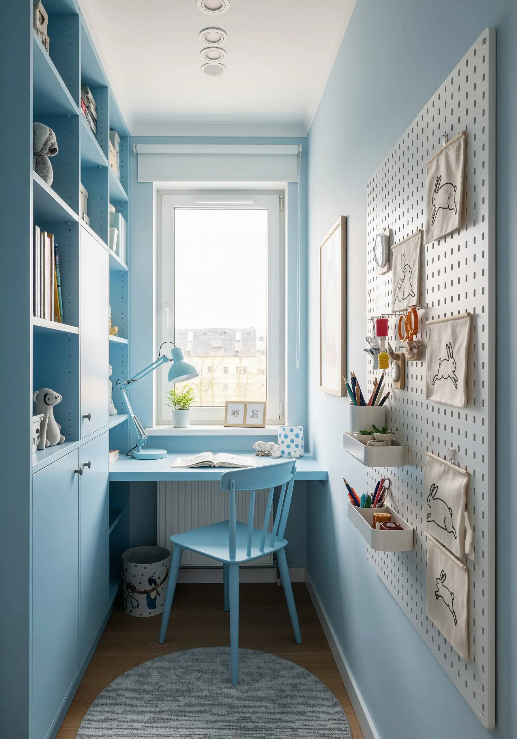Four small canvas squares with bunny line drawings stitched in black thread, hanging on a white pegboard.