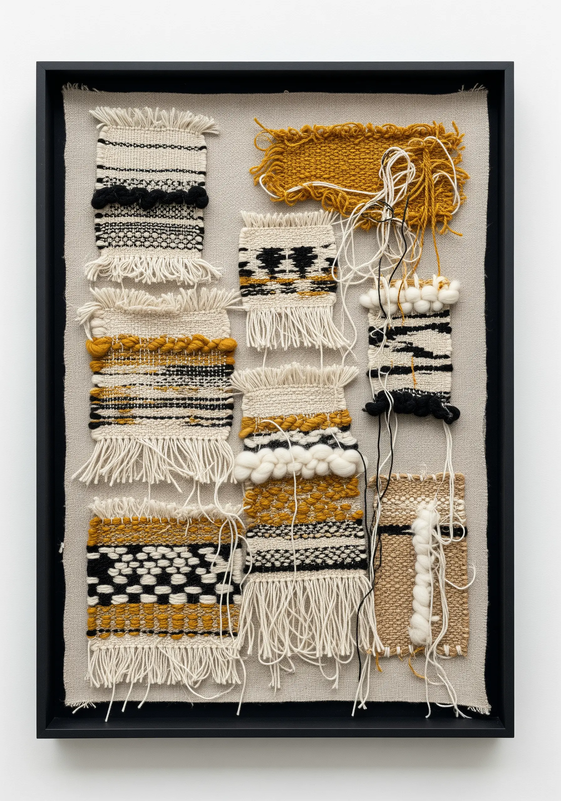 A framed collection of small, experimental woven samples in mustard, black, and cream