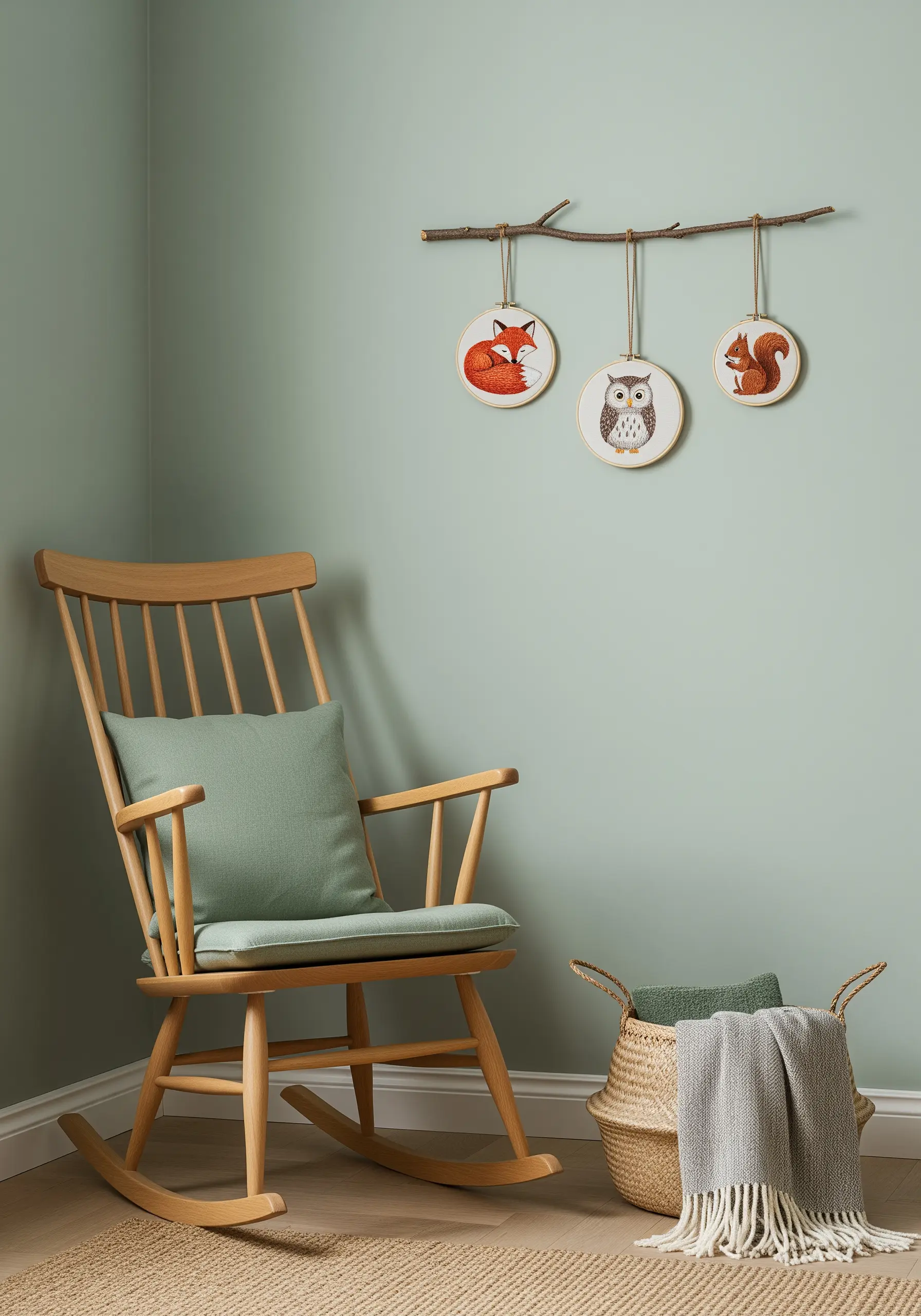 Three embroidery hoops with woodland animals (fox, owl, squirrel) hanging from a branch.