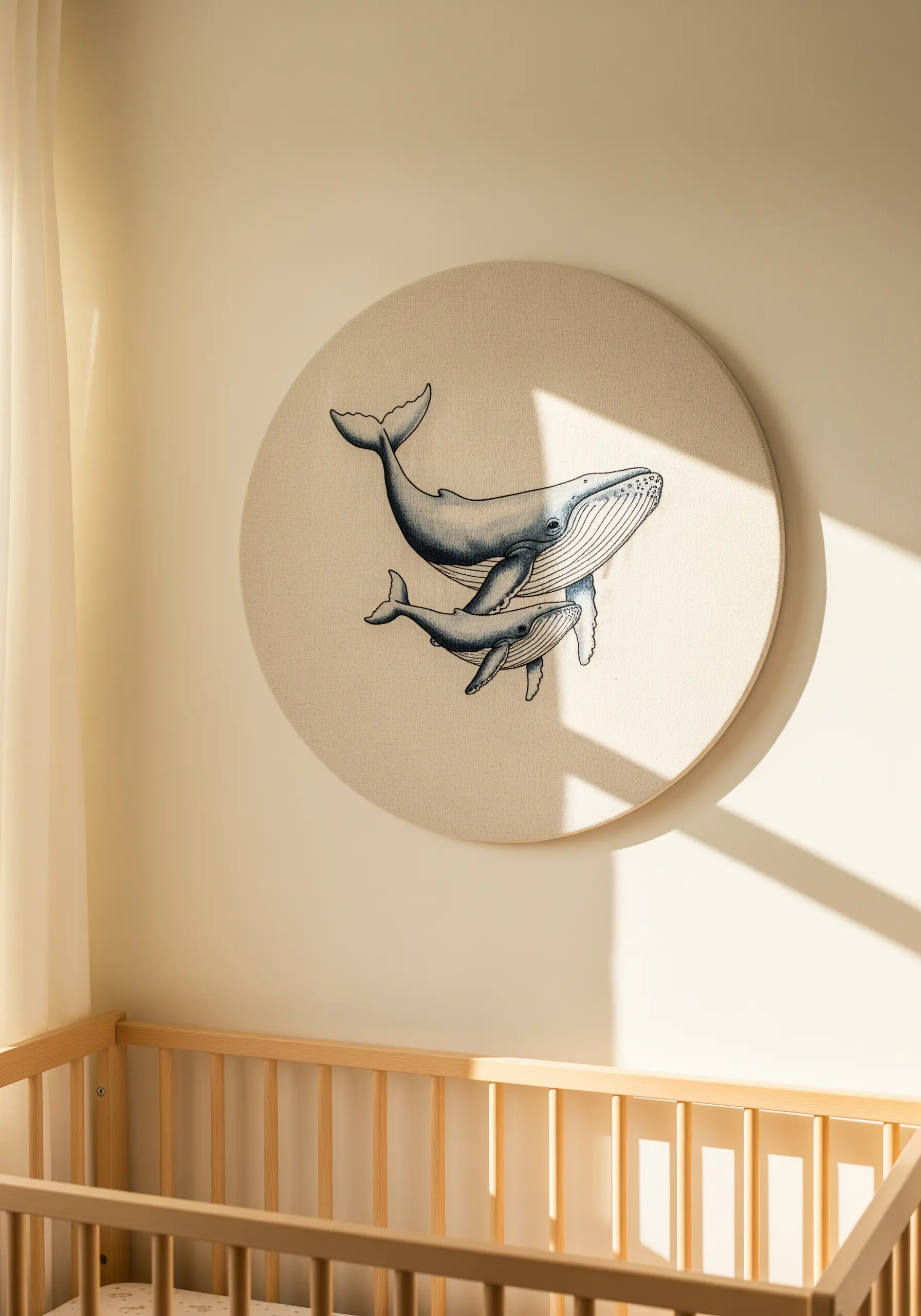 Minimalist whale embroidery stretched over a large round canvas, hanging in a baby's nursery.