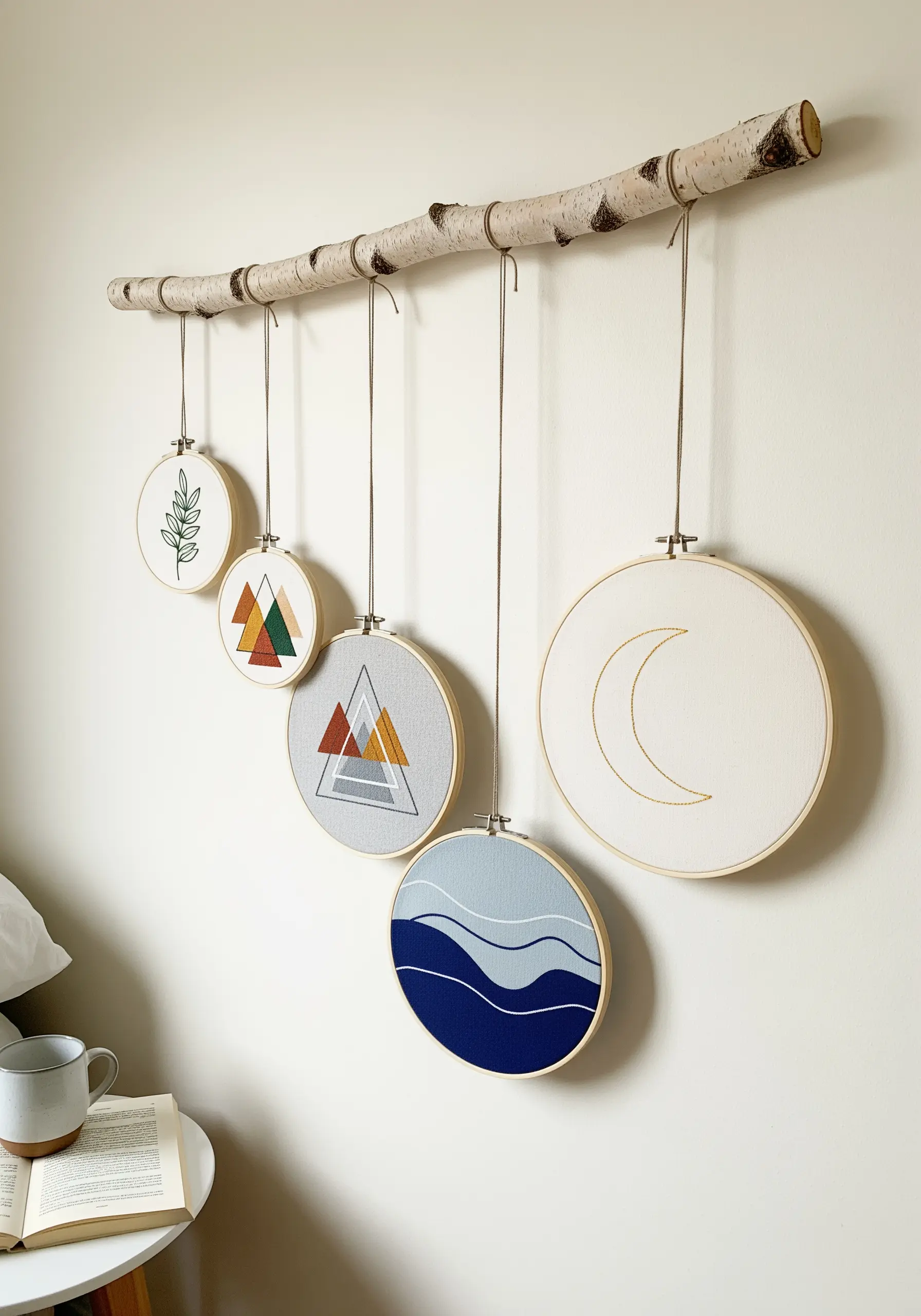 A collection of five nature-themed embroidery hoops hanging from a birch branch on a wall.