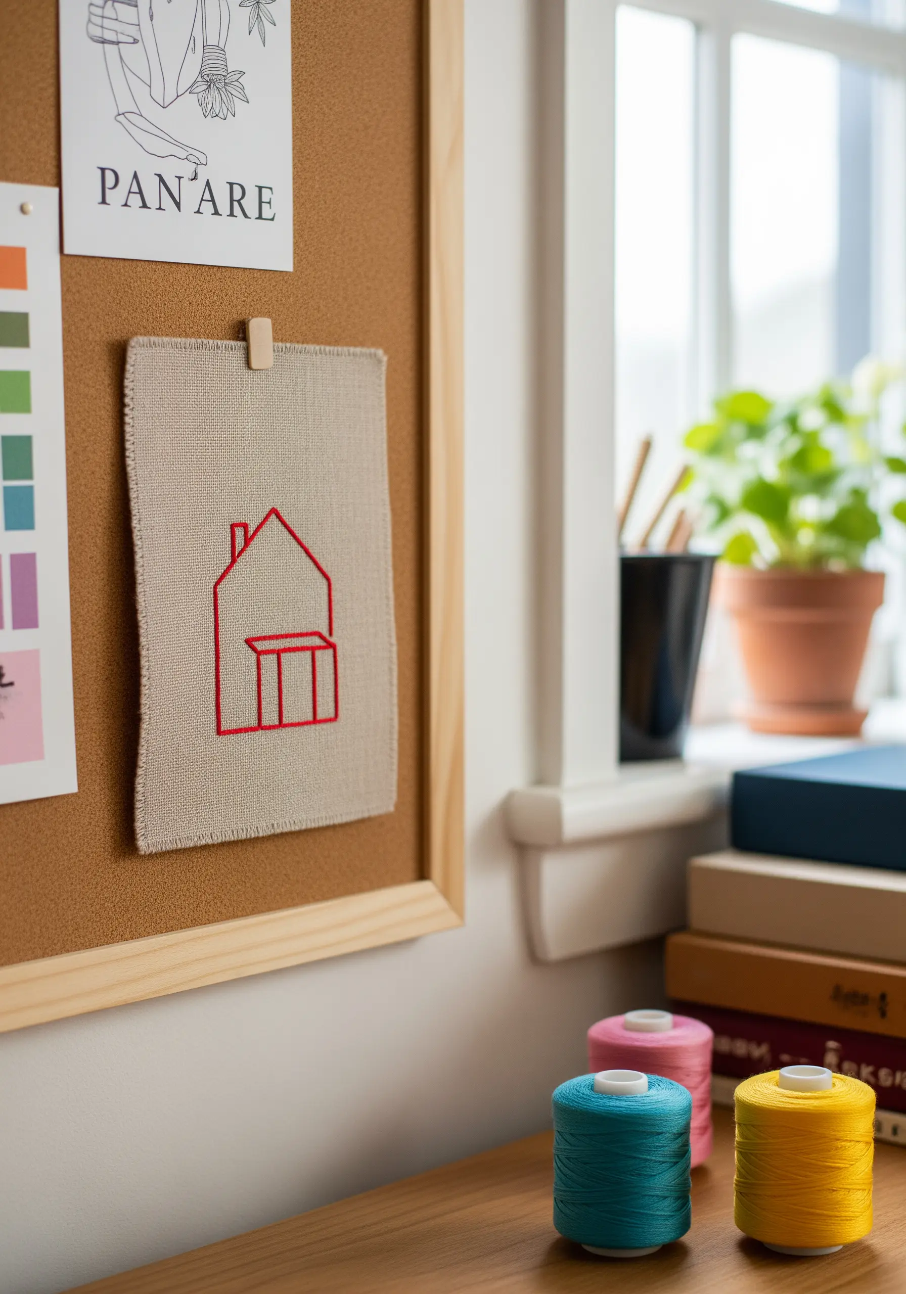 A simple red house outline stitched on linen, pinned to a corkboard.