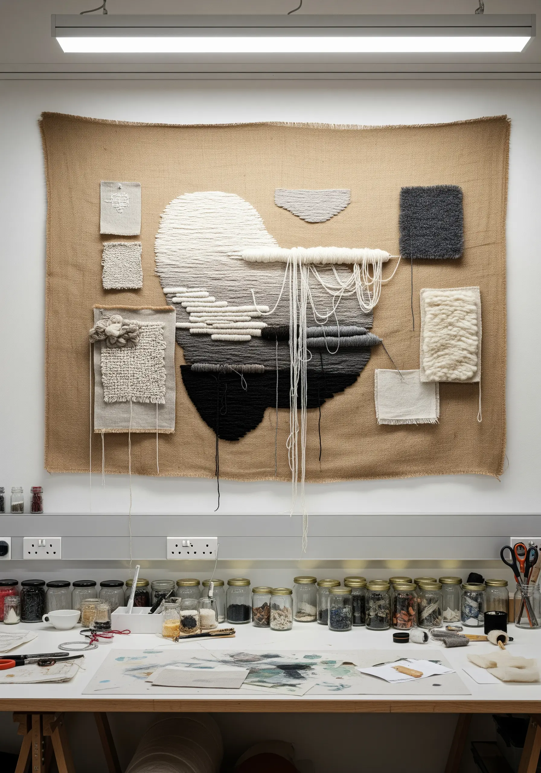 A large burlap panel with various abstract textural embroidery and weaving samplers attached.