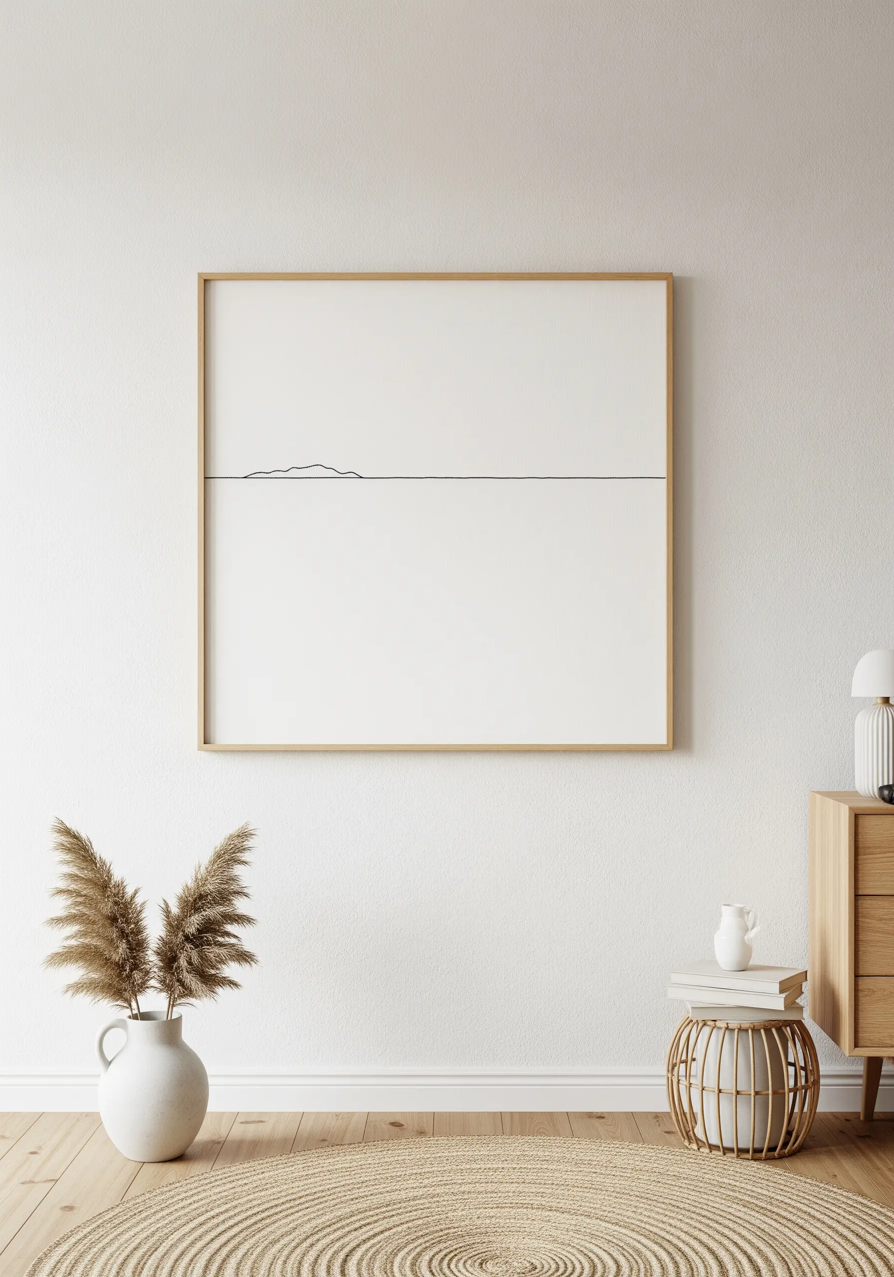 A large framed piece with a single black embroidered line suggesting a distant horizon