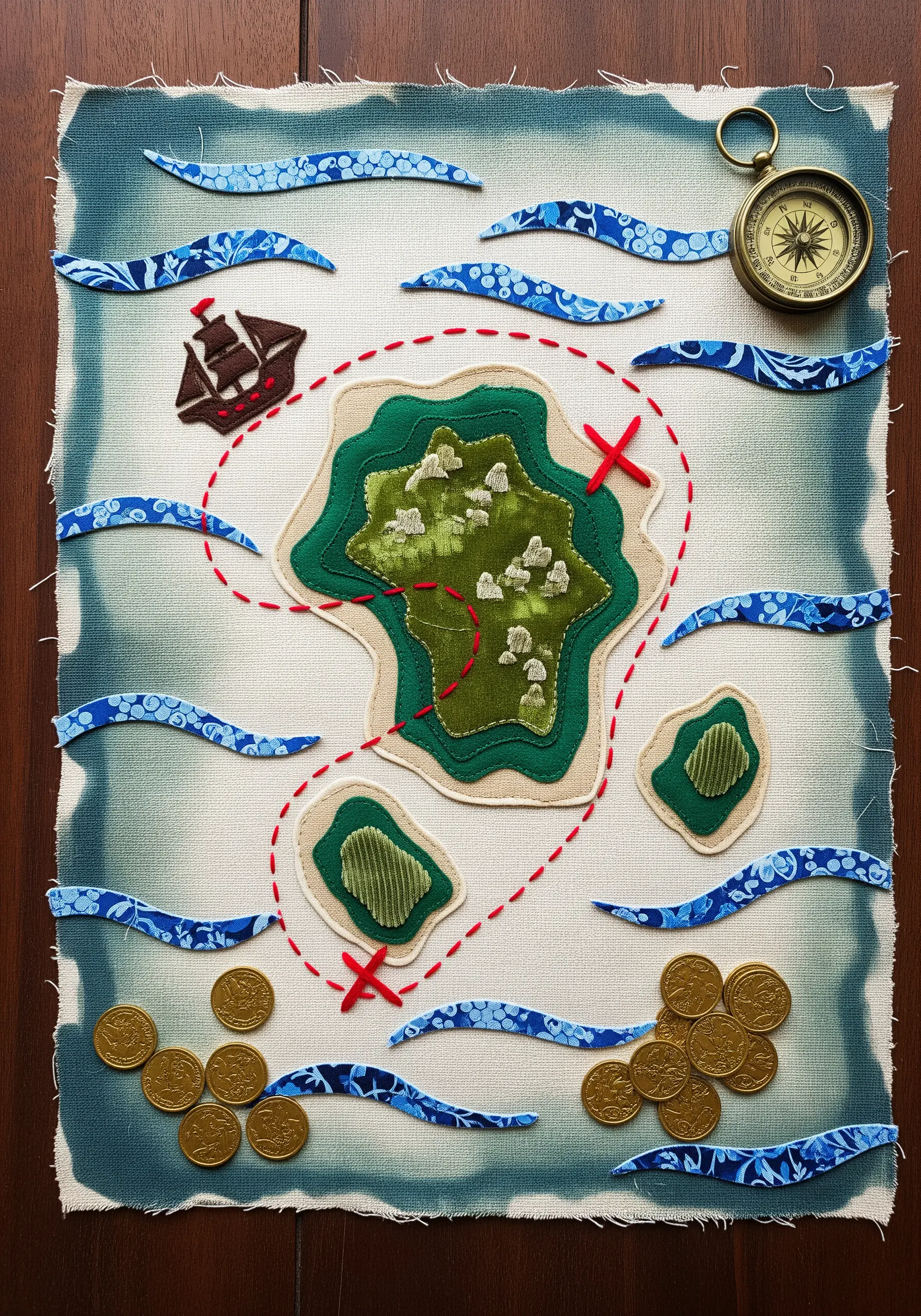 A fabric collage of a treasure map with distressed and raw-edged fabric pieces