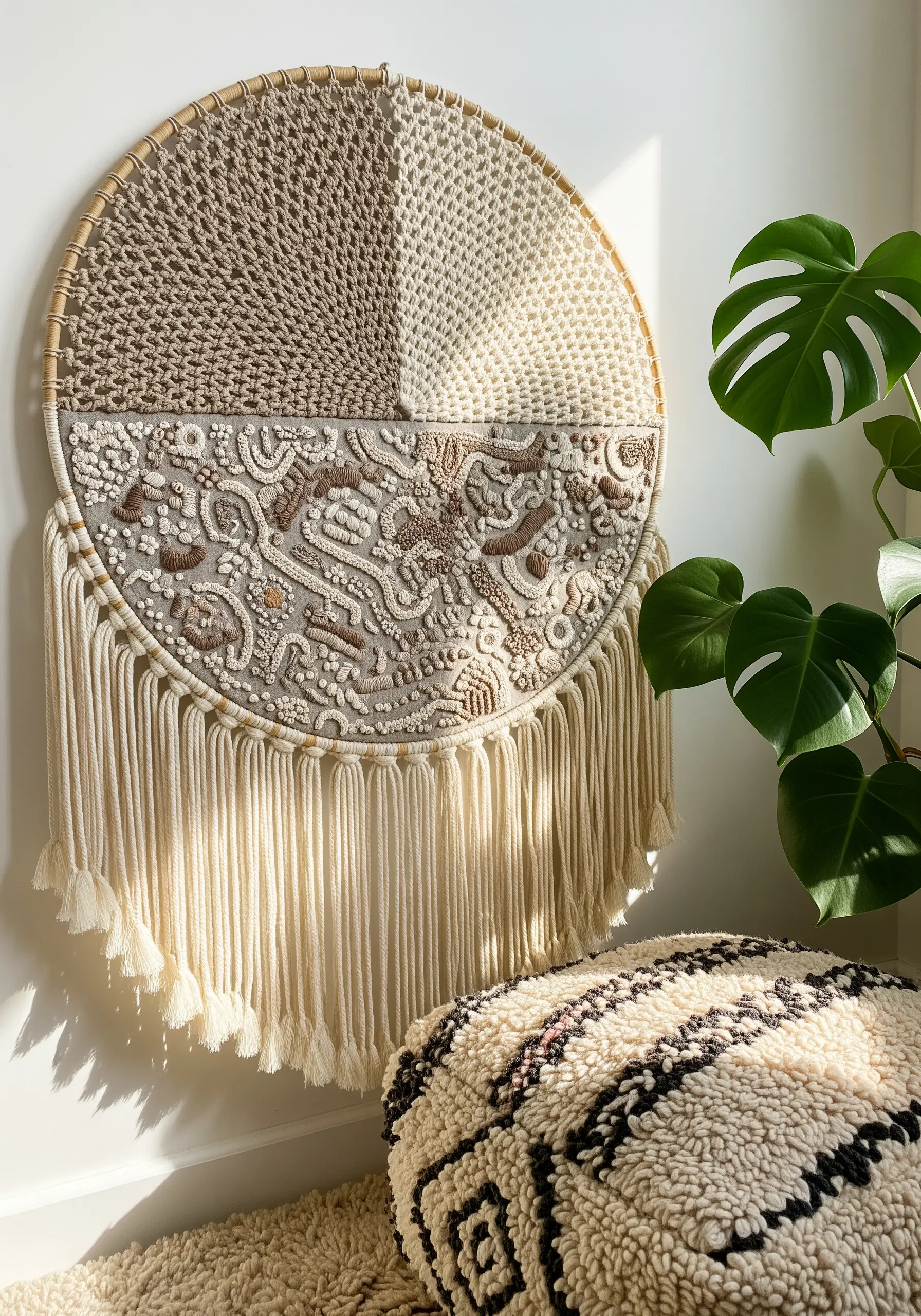 A large, circular wall hanging combining weaving, intricate embroidery, and a macrame fringe.