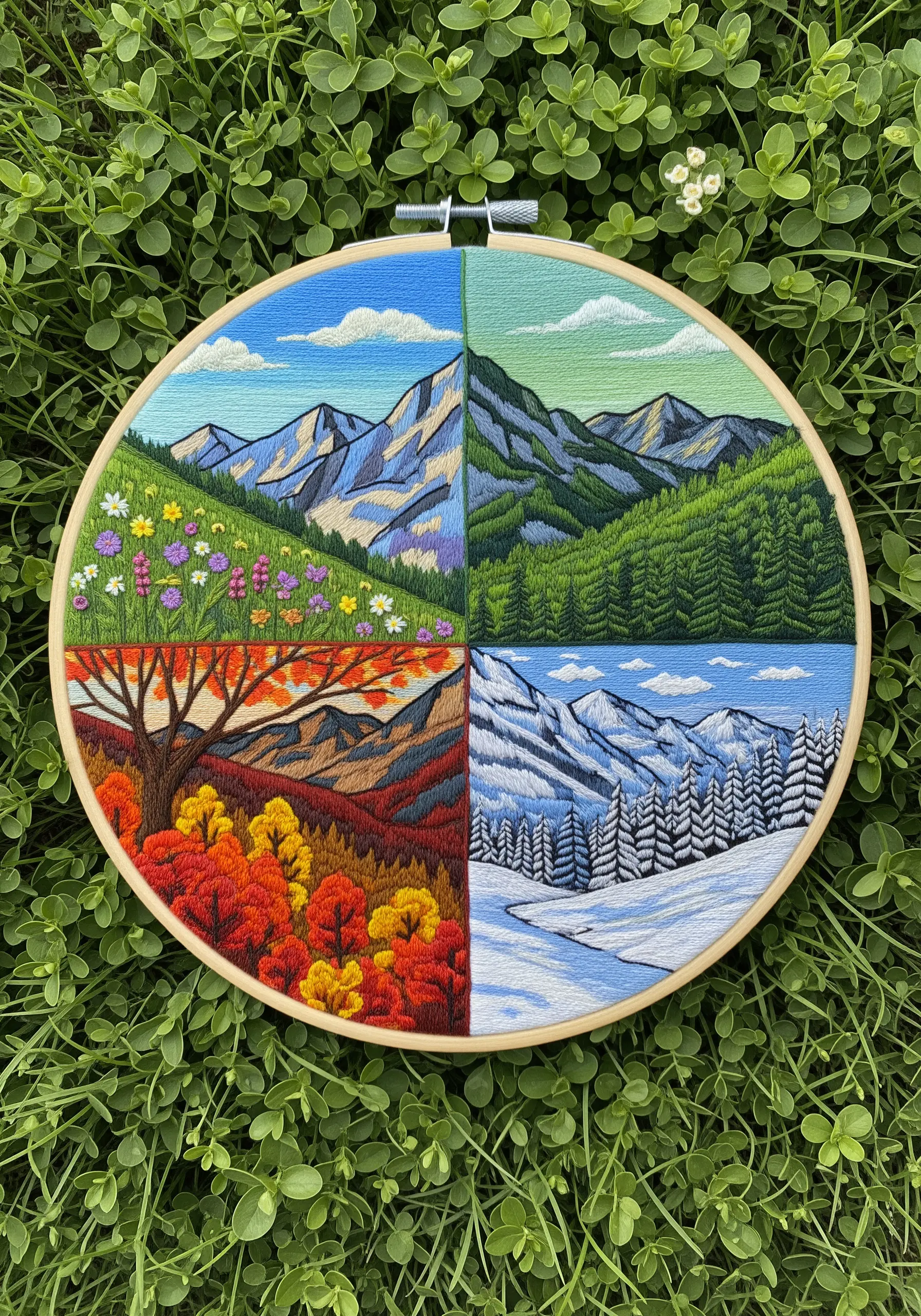 A single embroidery hoop divided into four quadrants, each showing a mountain in a different season.