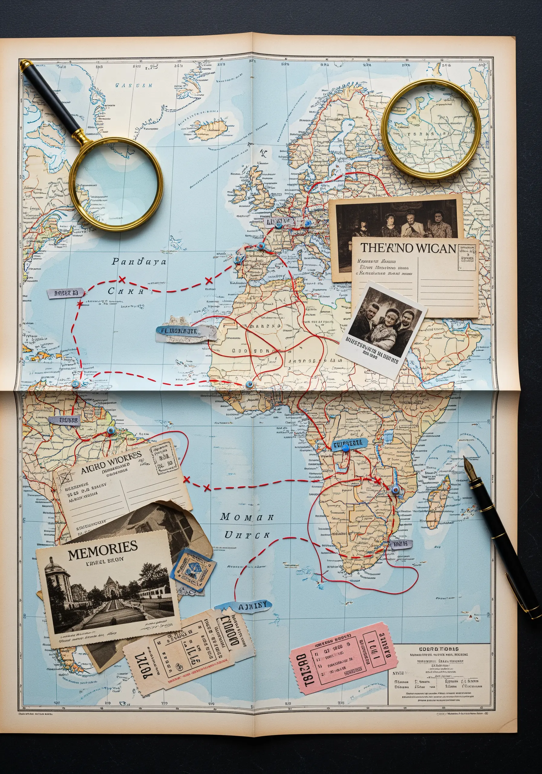 A vintage map with a journey traced in red thread, alongside collaged photos and tickets.