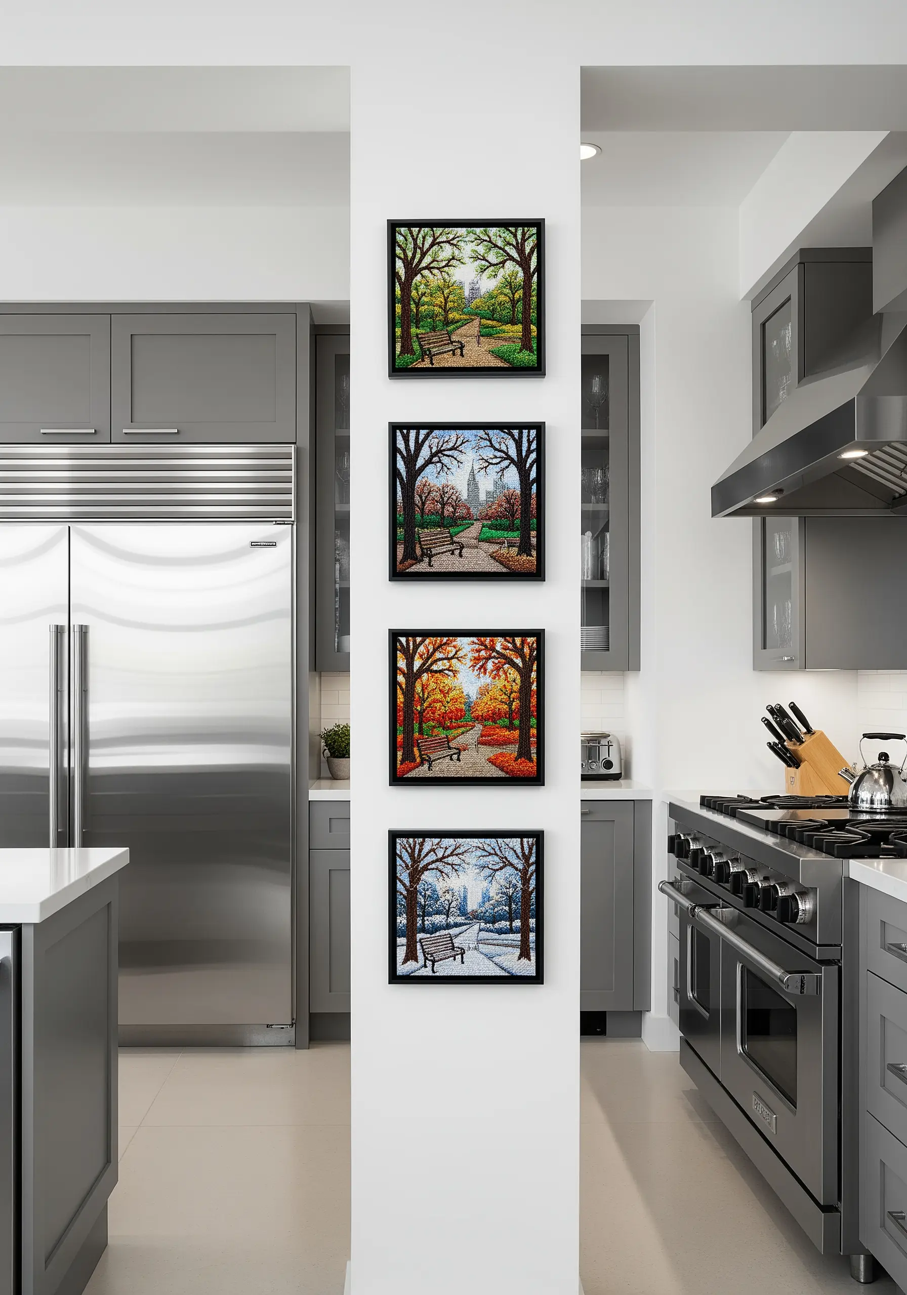 A vertical column of four framed embroideries showing the same park scene in four different seasons.