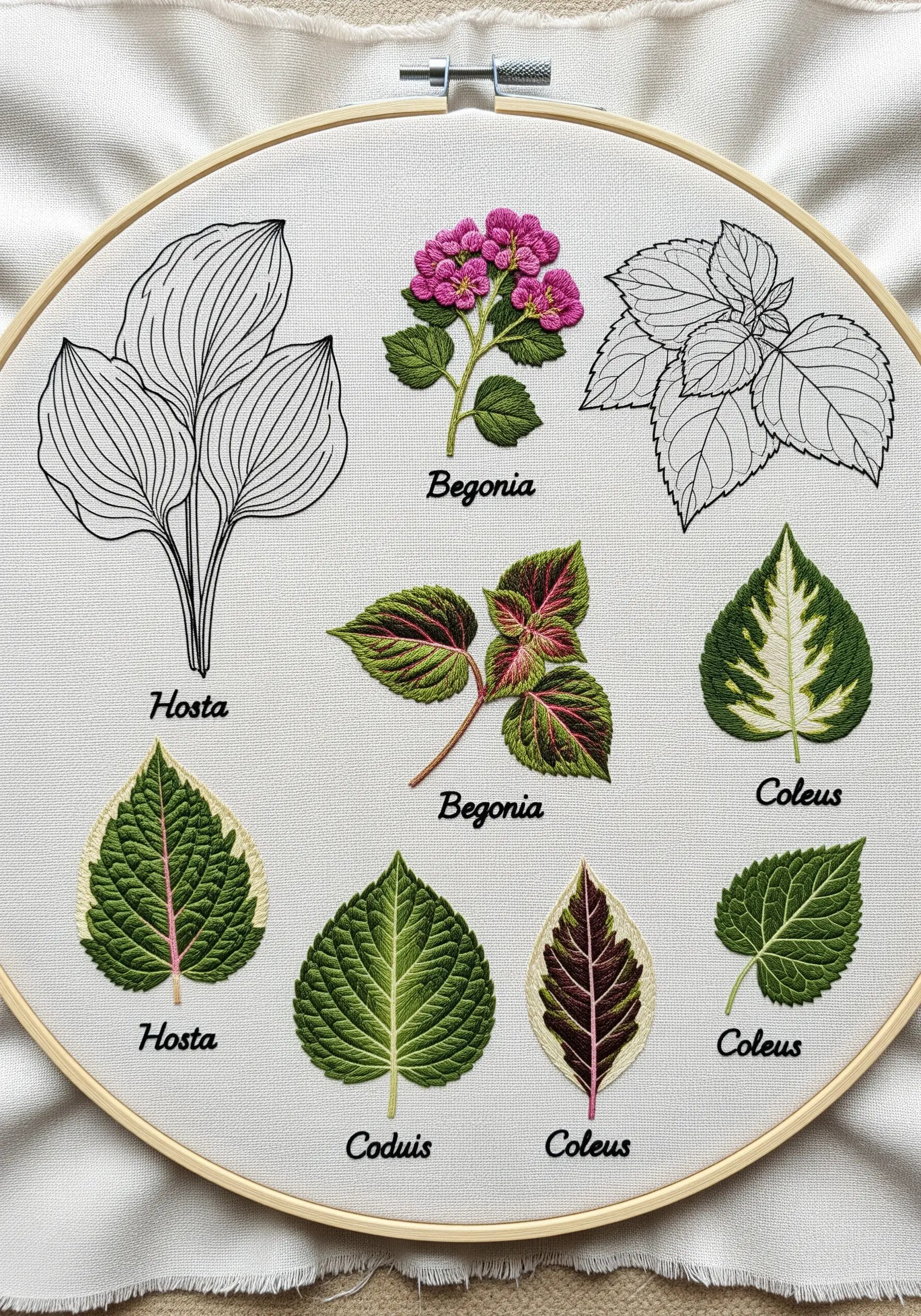 Embroidery sampler with various leaves shown in both outline and full color