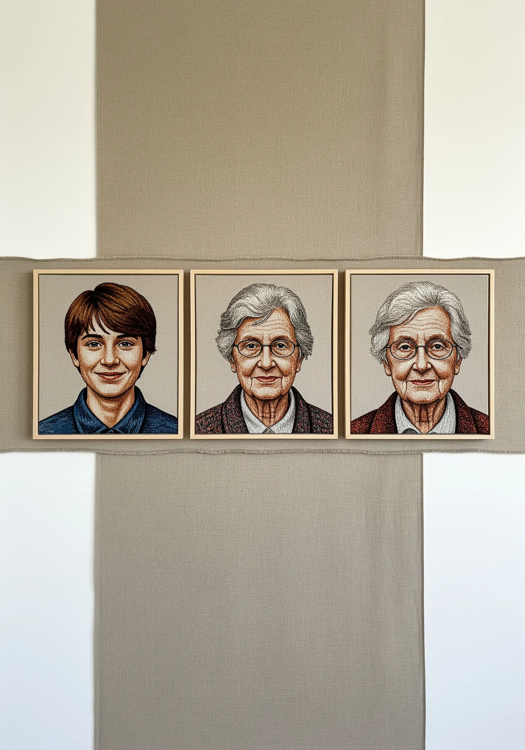 A triptych of three framed embroidered portraits showing a person at three different ages.