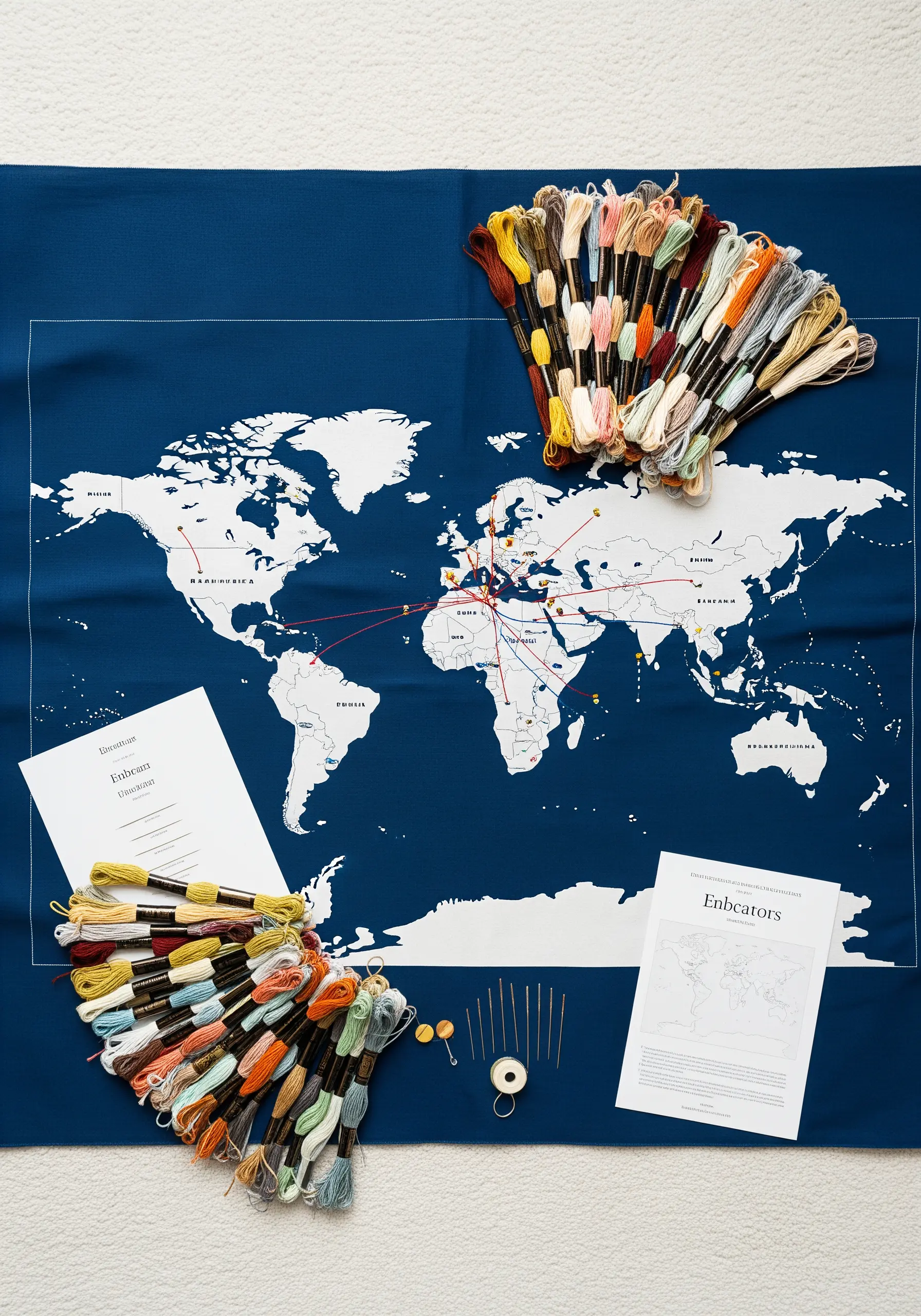 An embroidery project of a world map on blue fabric with threads connecting various locations.