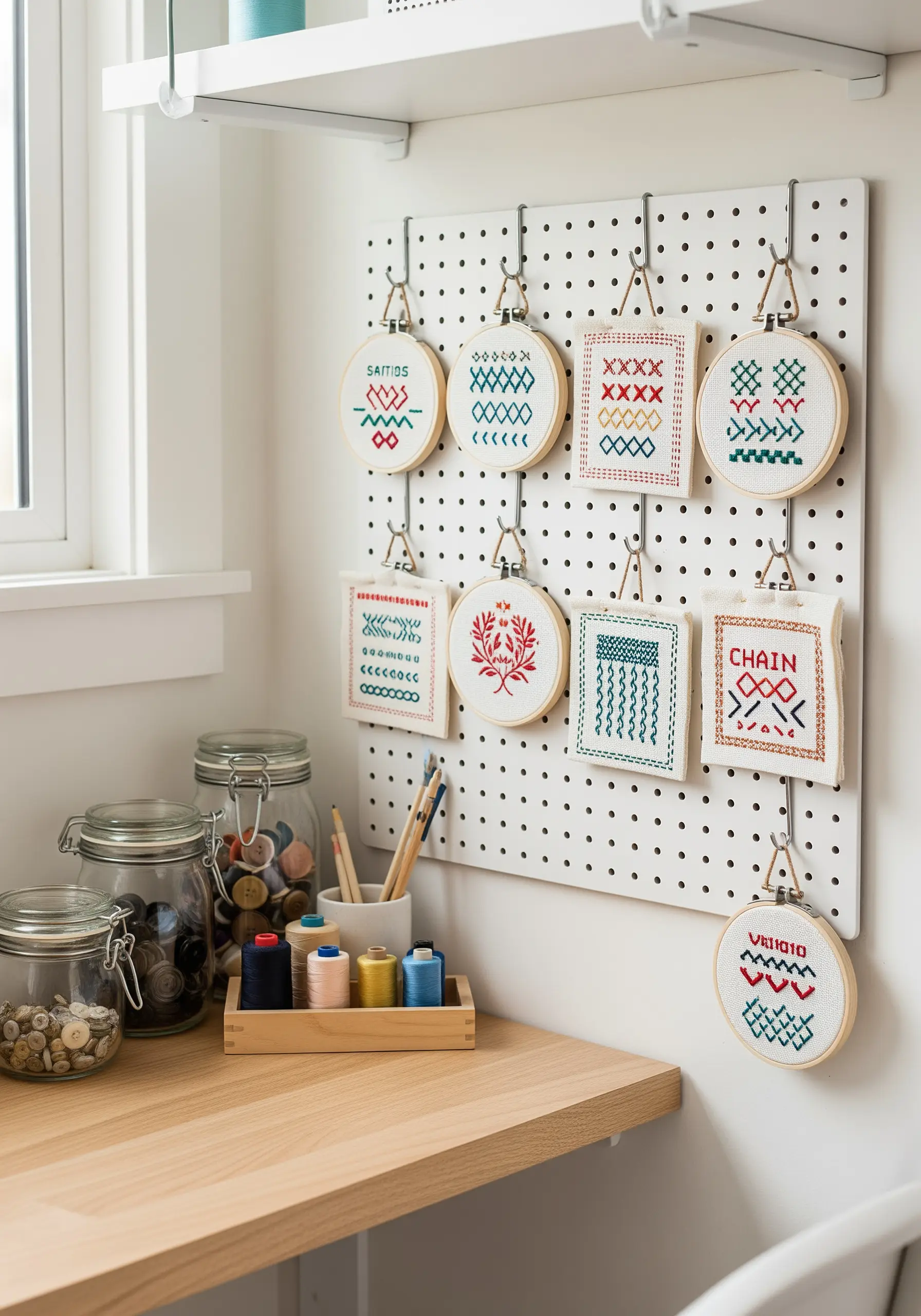 A collection of small embroidery sampler hoops hanging on a white pegboard in a craft room.