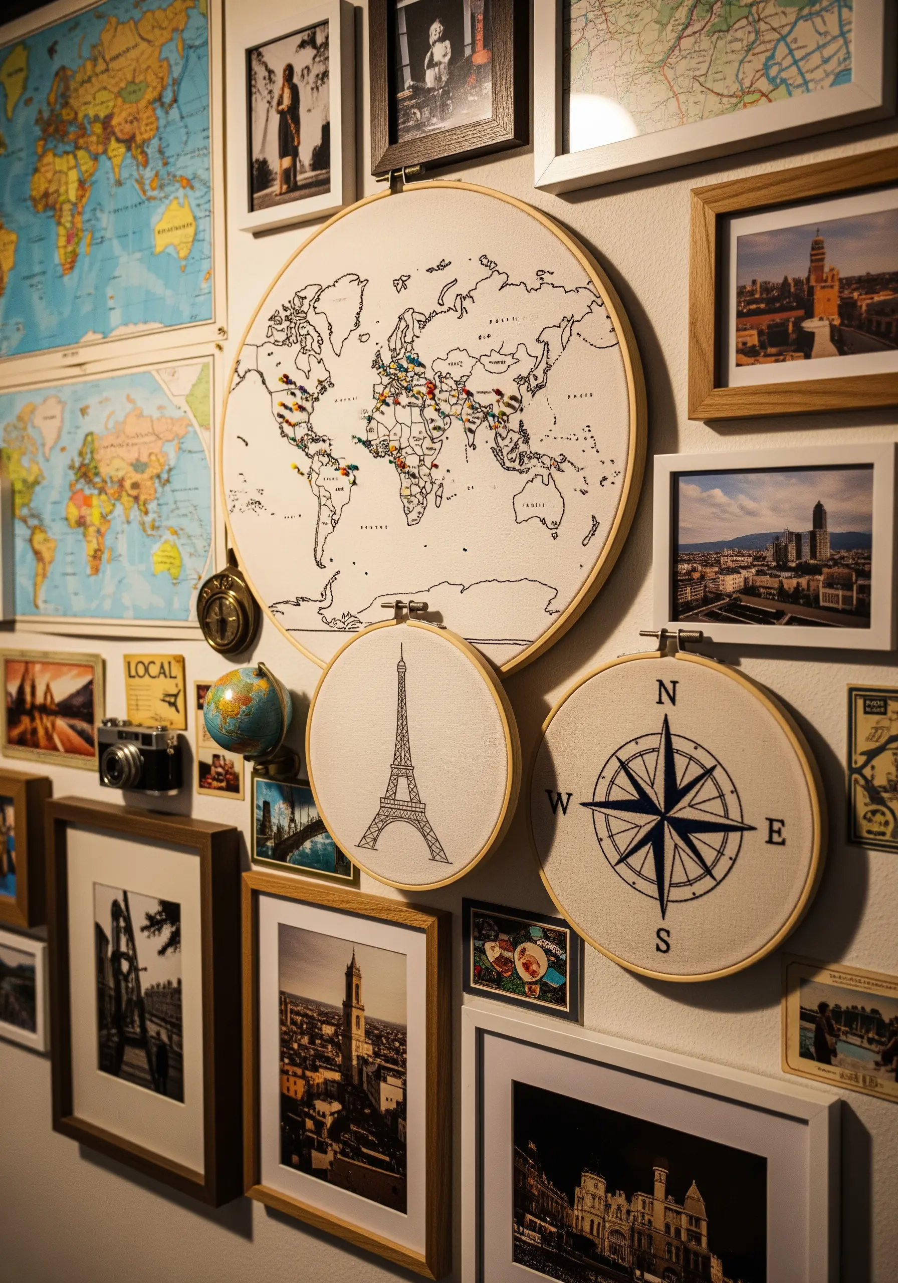A travel-themed gallery wall with an embroidered world map marked with colorful stitches.