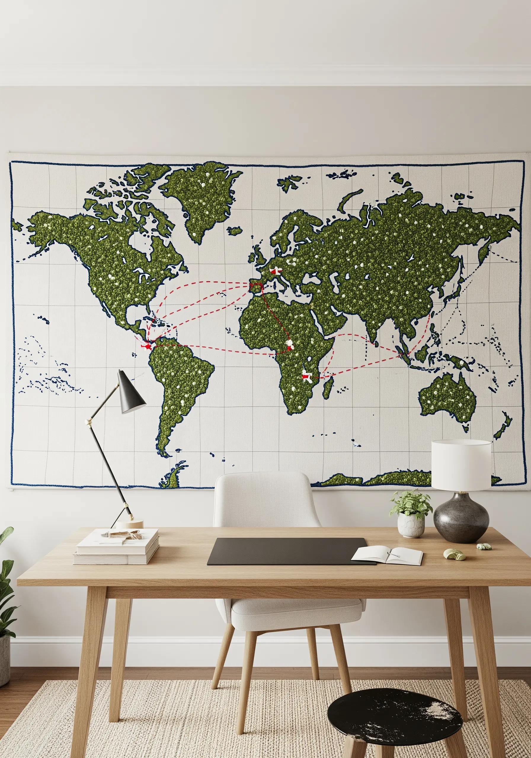 Large embroidered world map with green continents and red stitched travel routes.