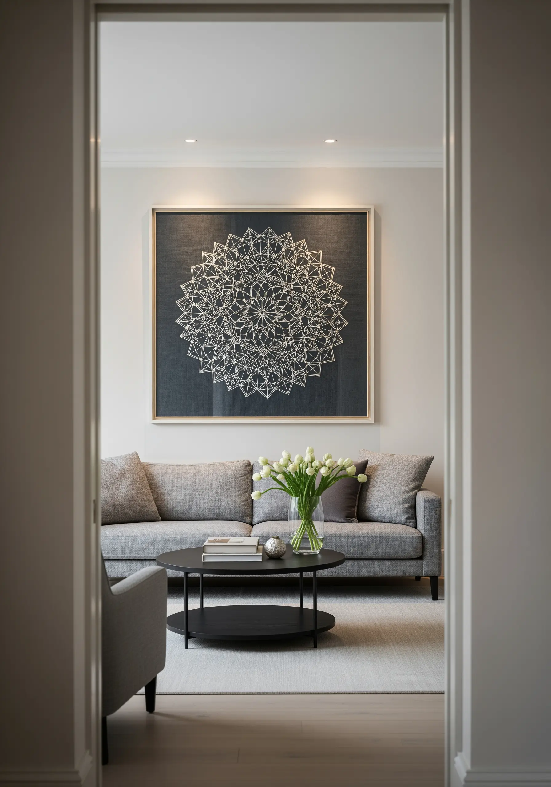 A large, framed piece of intricate geometric embroidery in white thread on a dark gray canvas.