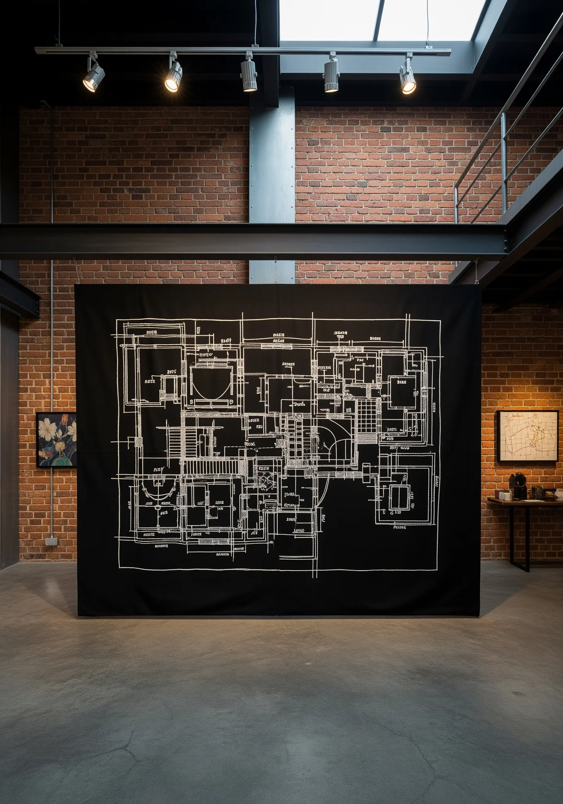 A large black canvas wall hanging featuring a white-line embroidered architectural blueprint.
