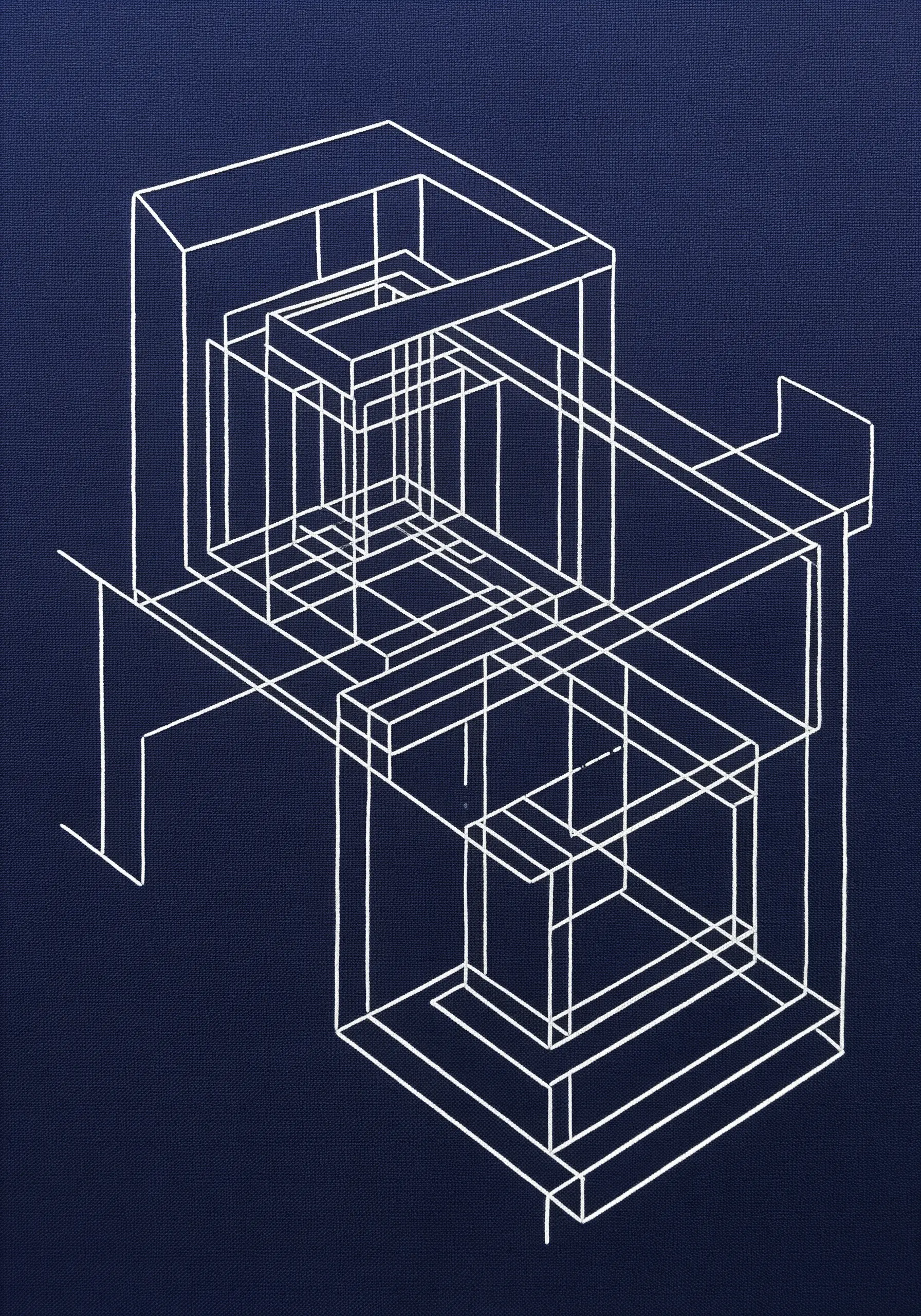 White line embroidery of a complex architectural structure on a dark blue fabric background.