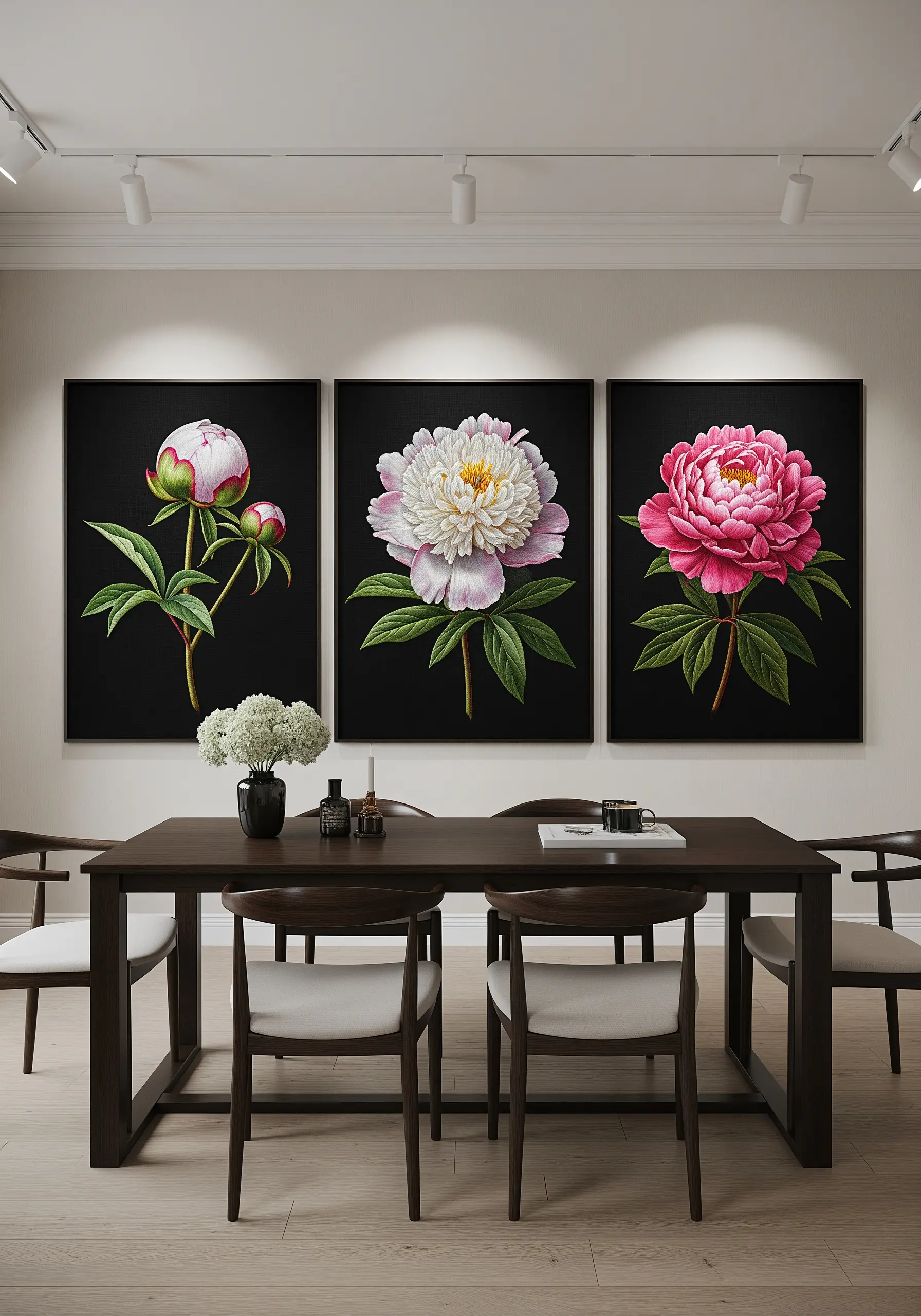 A set of three framed artworks, each showing a different vibrant peony on a black background.
